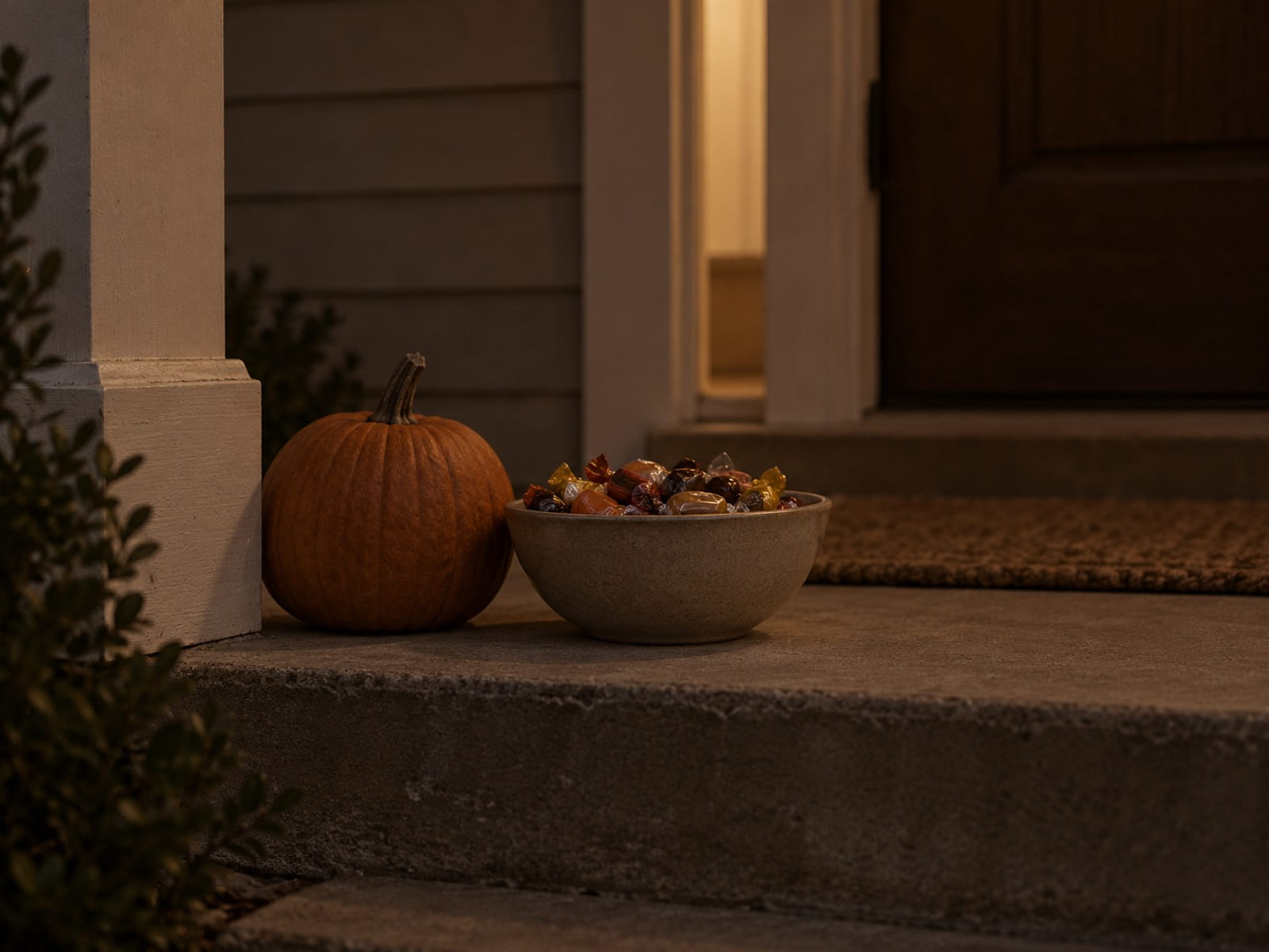 A bowl of wrapped candy on a porch step beside a small plain pumpkin