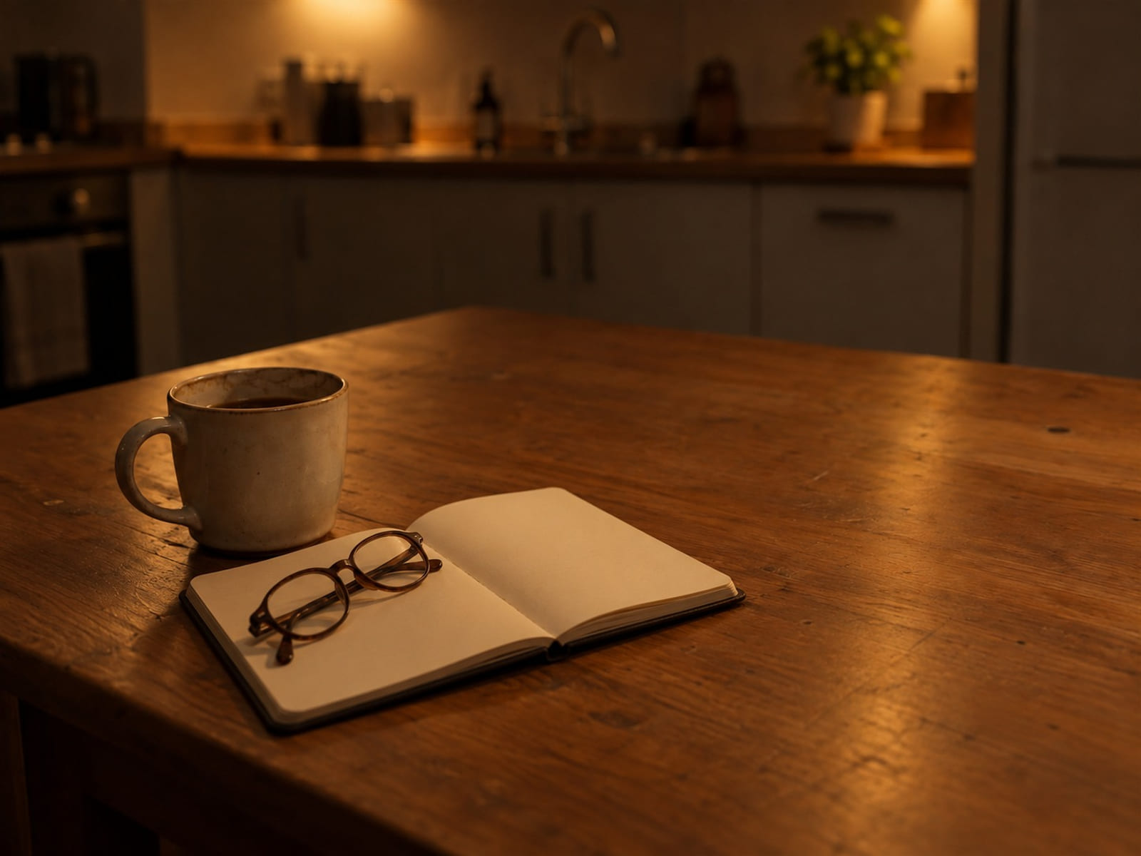 A pair of reading glasses folded on an open notebook beside a cup of tea