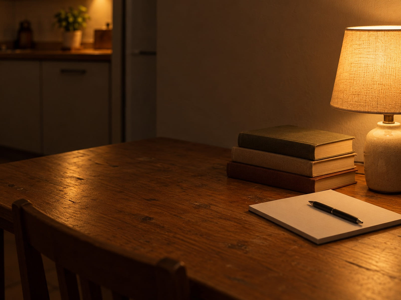 A stack of library books on a reading table beside a small lamp and a notepad with a pen