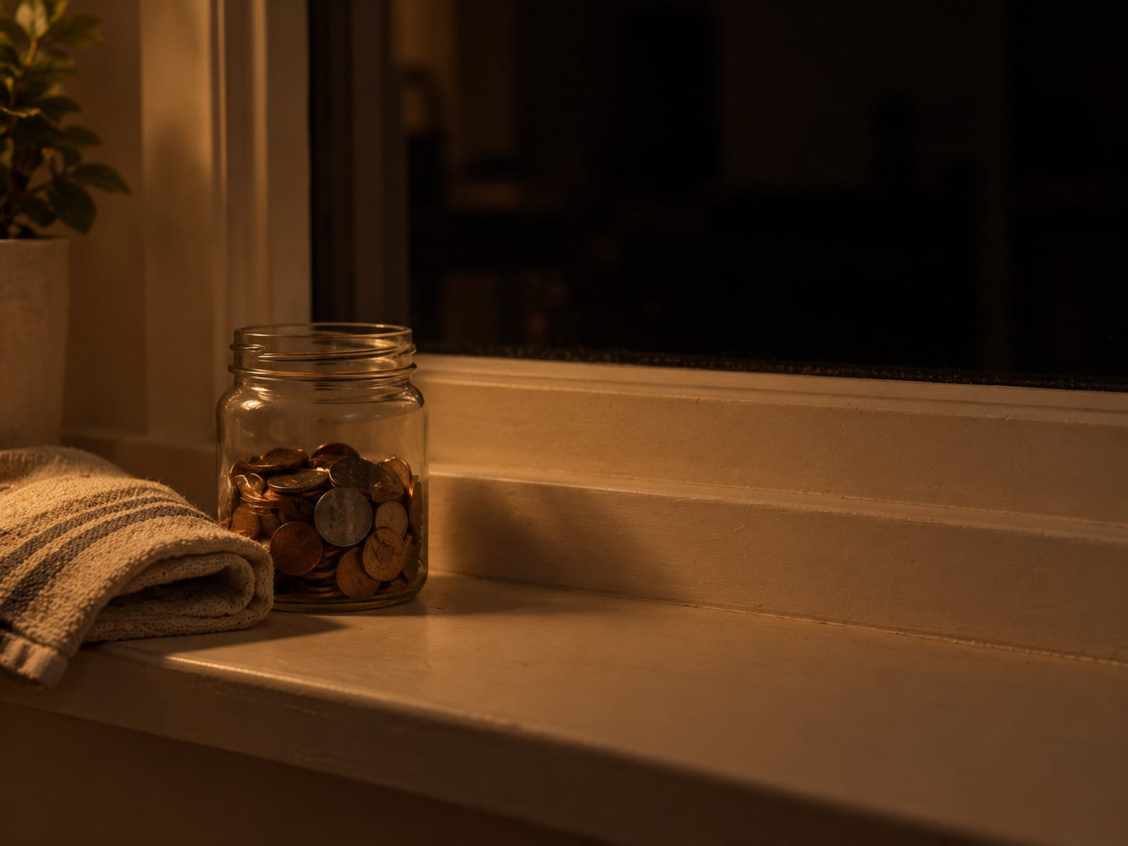 A glass jar of coins on a windowsill beside a folded dish towel