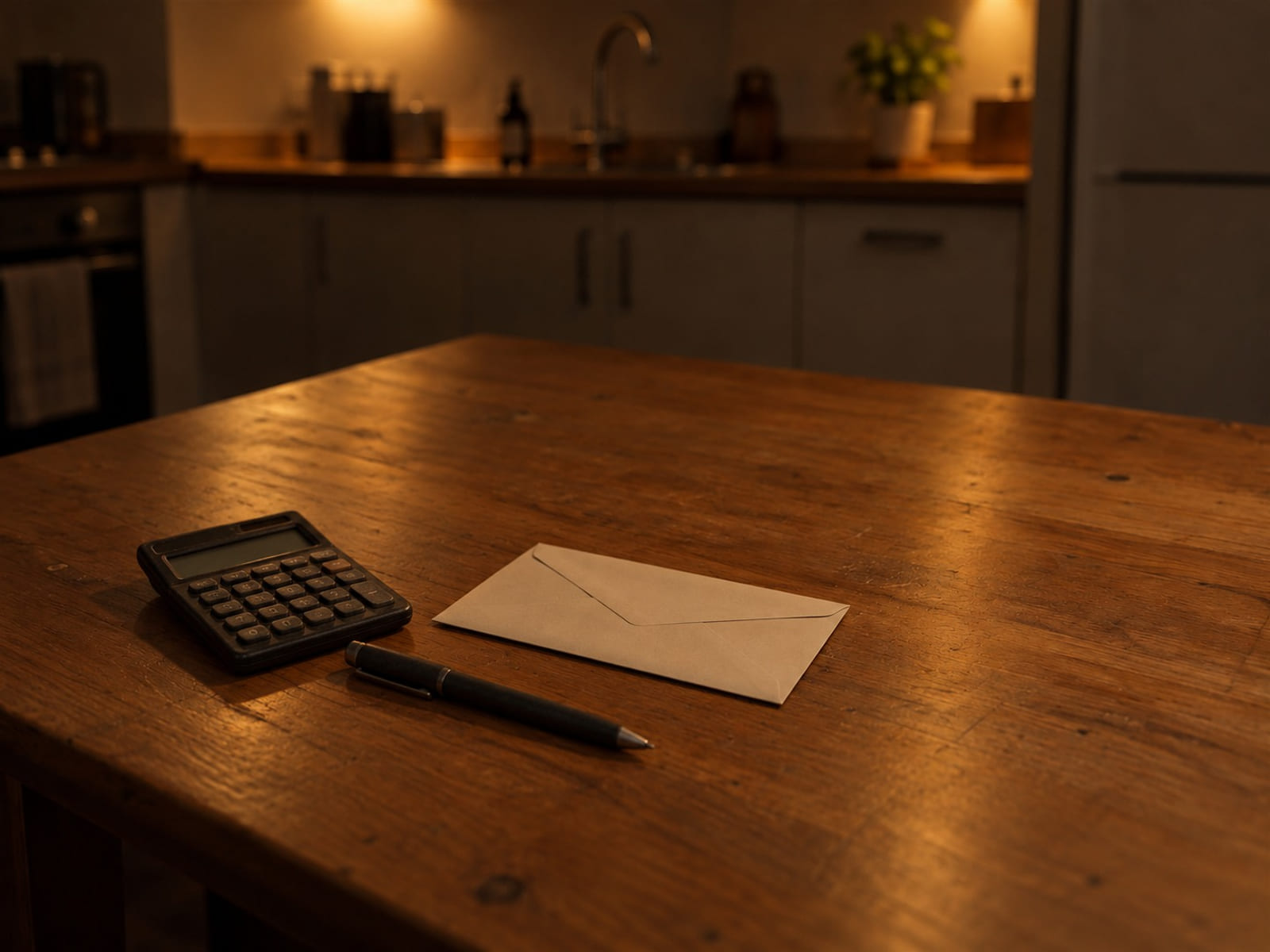 A pocket calculator and a pen resting beside a sealed envelope on a kitchen table