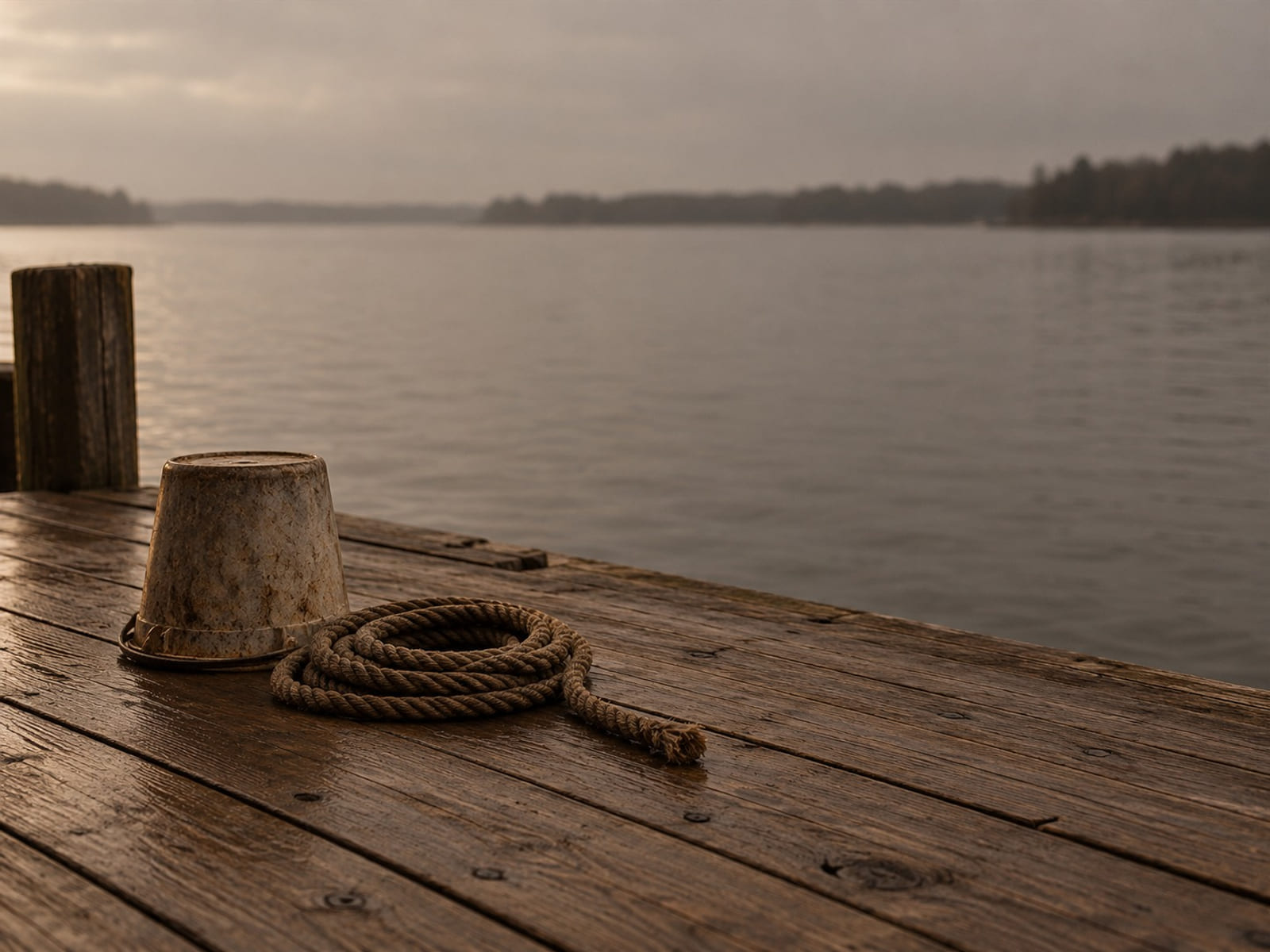 A coiled rope resting on a weathered dock beside an overturned bucket