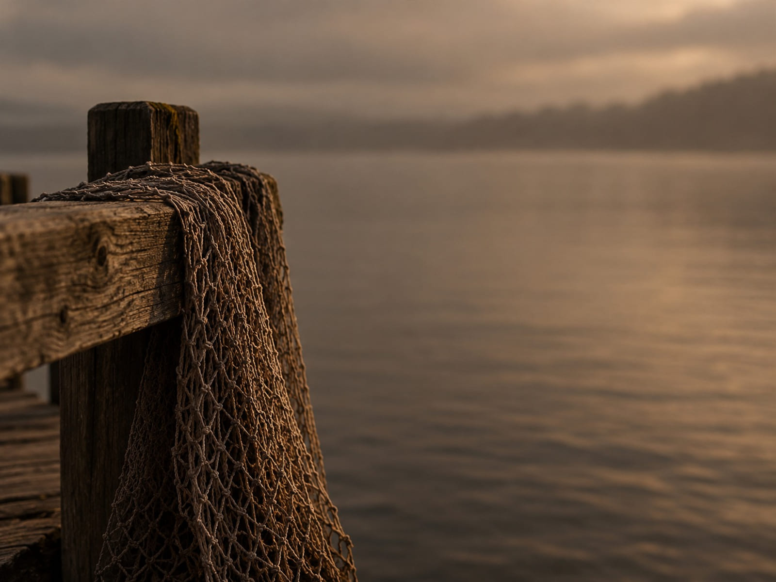 A fishing net draped over a weathered dock rail in soft morning light