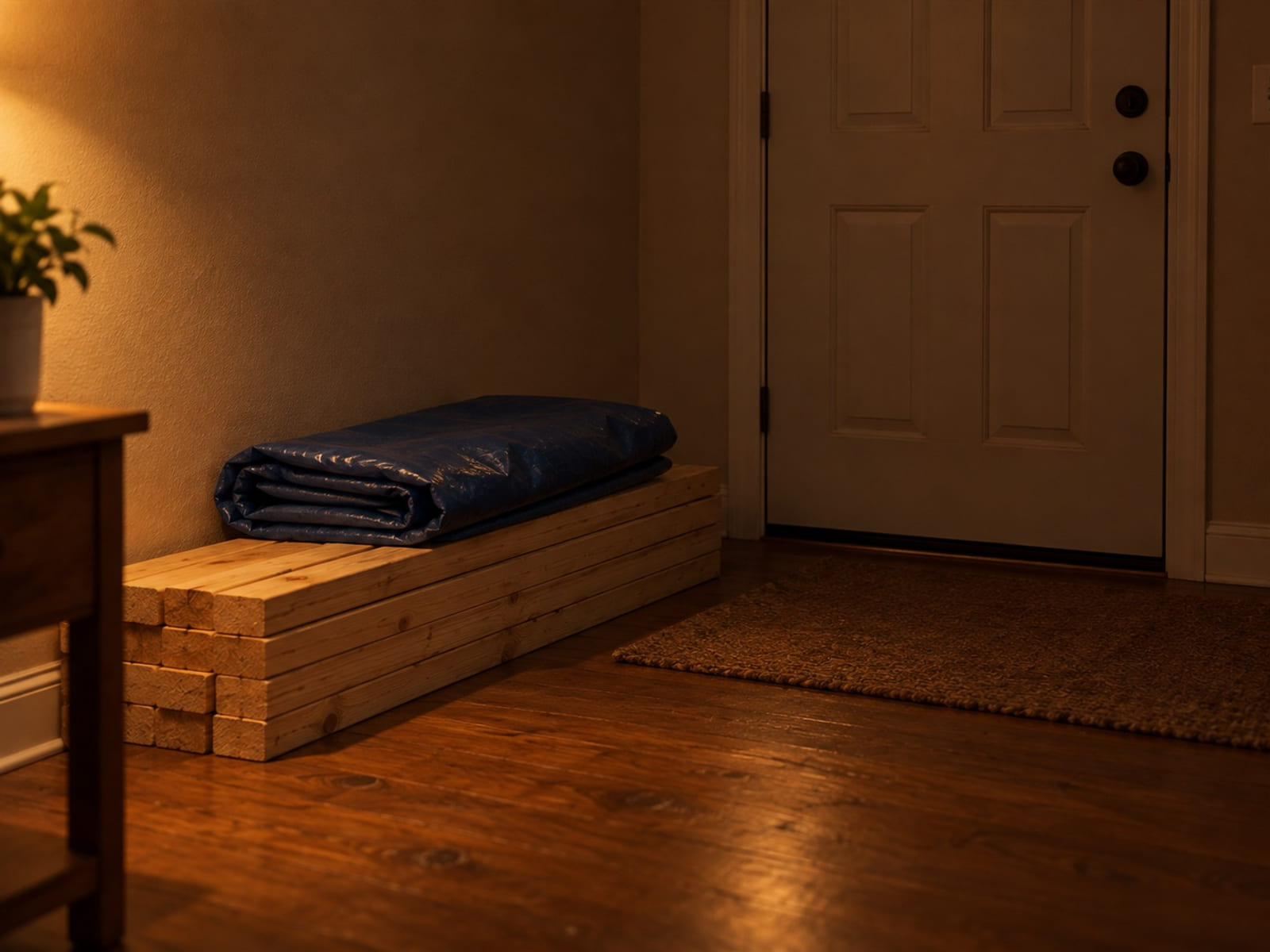 A folded blue tarp on a stack of lumber beside a closed front door