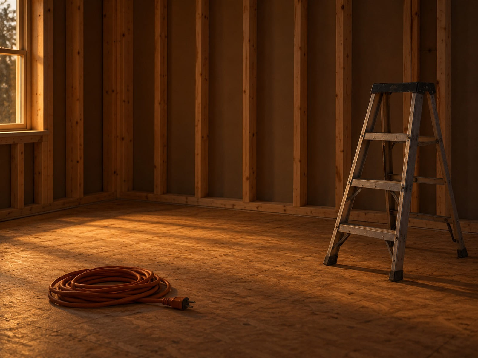 A coiled extension cord and a stepladder beside bare wall studs in an unfinished room