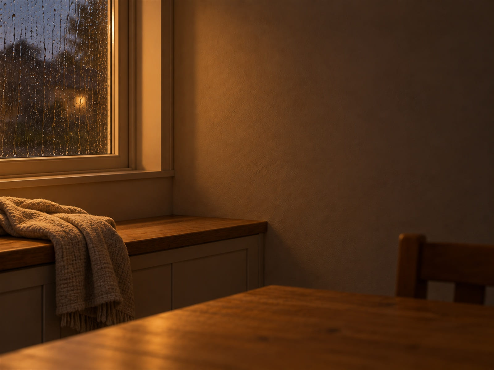 A window seat with a folded blanket and rain on the glass, late afternoon