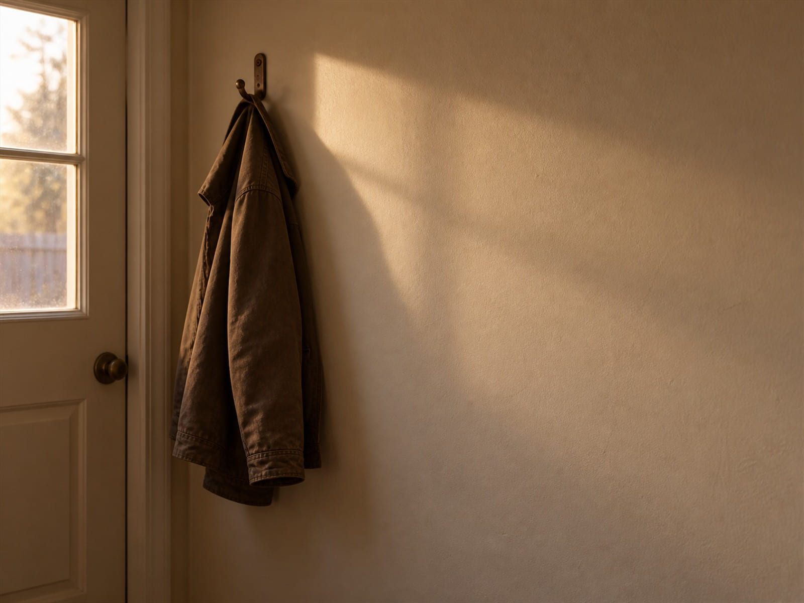 A calendar-free kitchen wall with a single hook and a coat on it, morning light