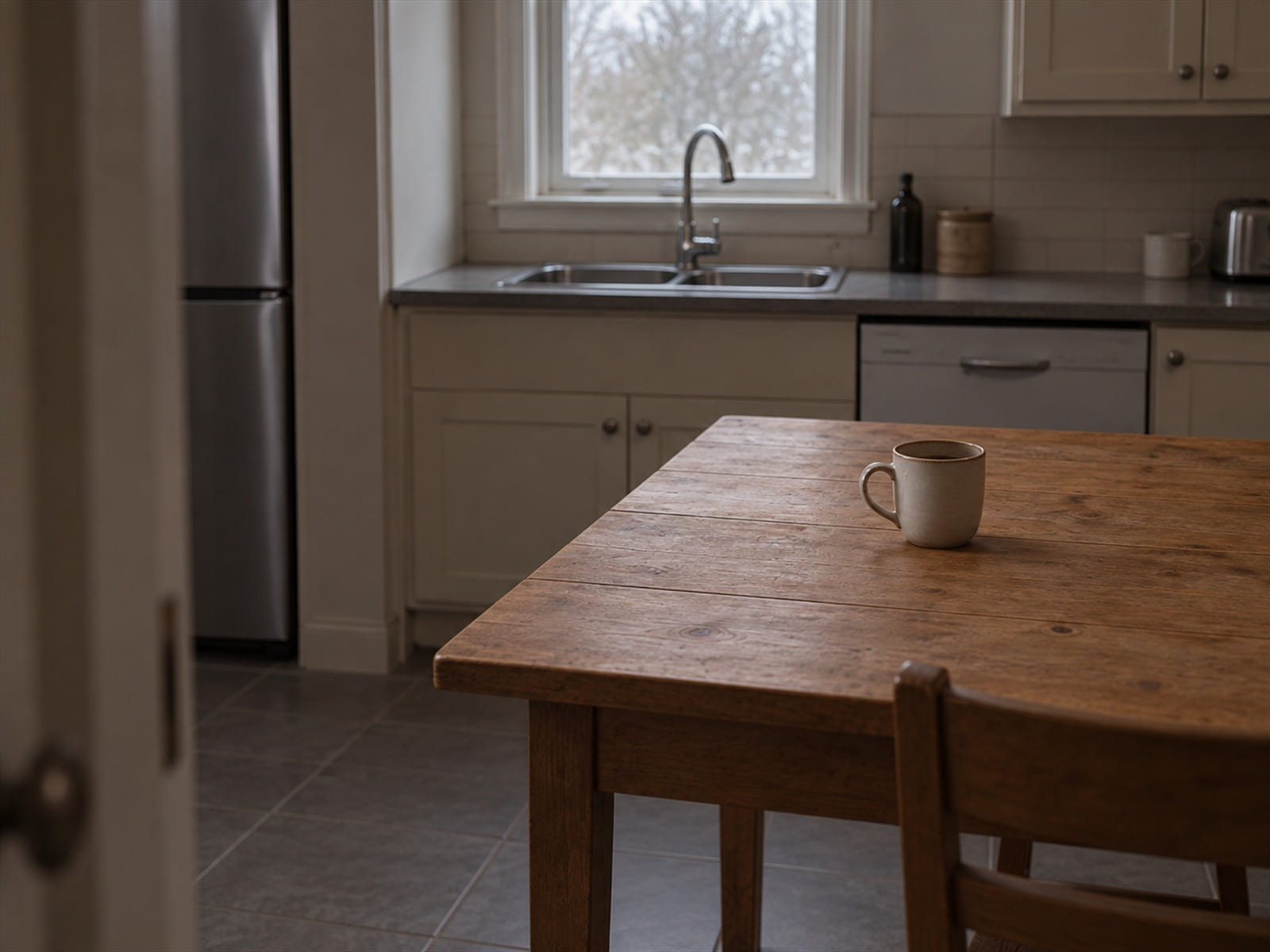 An empty chair by a window in a quiet room, mid-afternoon light across the floor