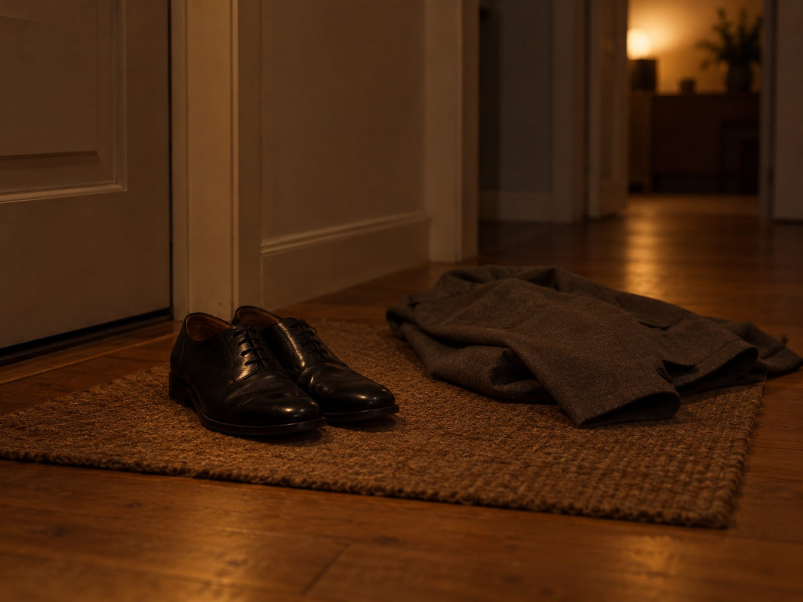 A child’s polished black shoes on a hallway mat beside a folded jacket