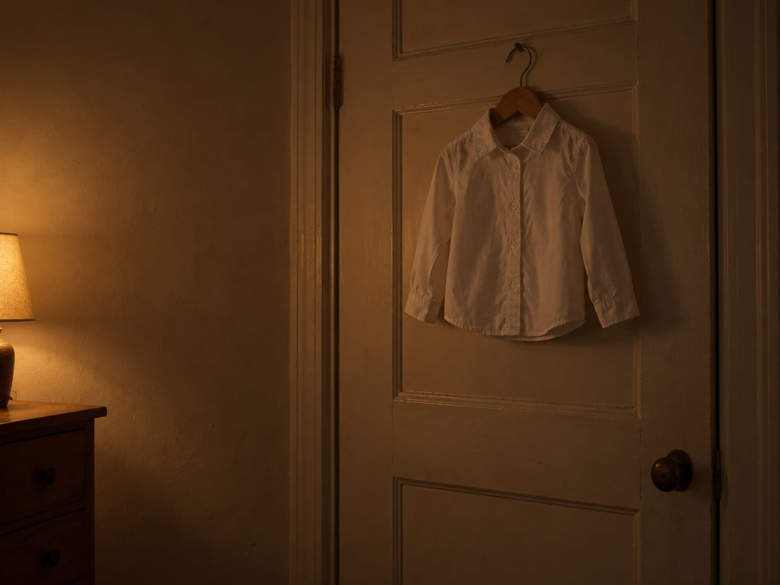 A pressed white shirt on a hanger hooked over a closet door