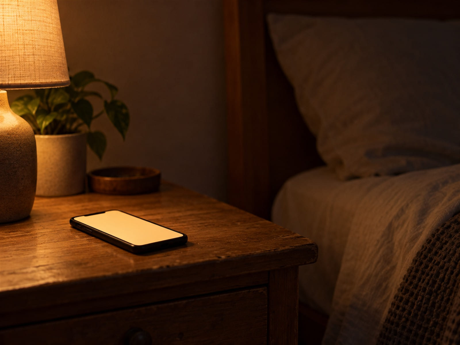 A phone lying on a bedside table at night, its screen lit
