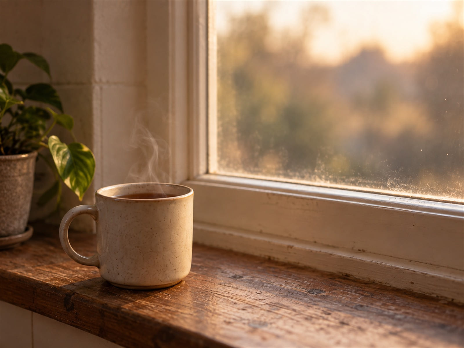 A mug of tea on a windowsill in early morning light