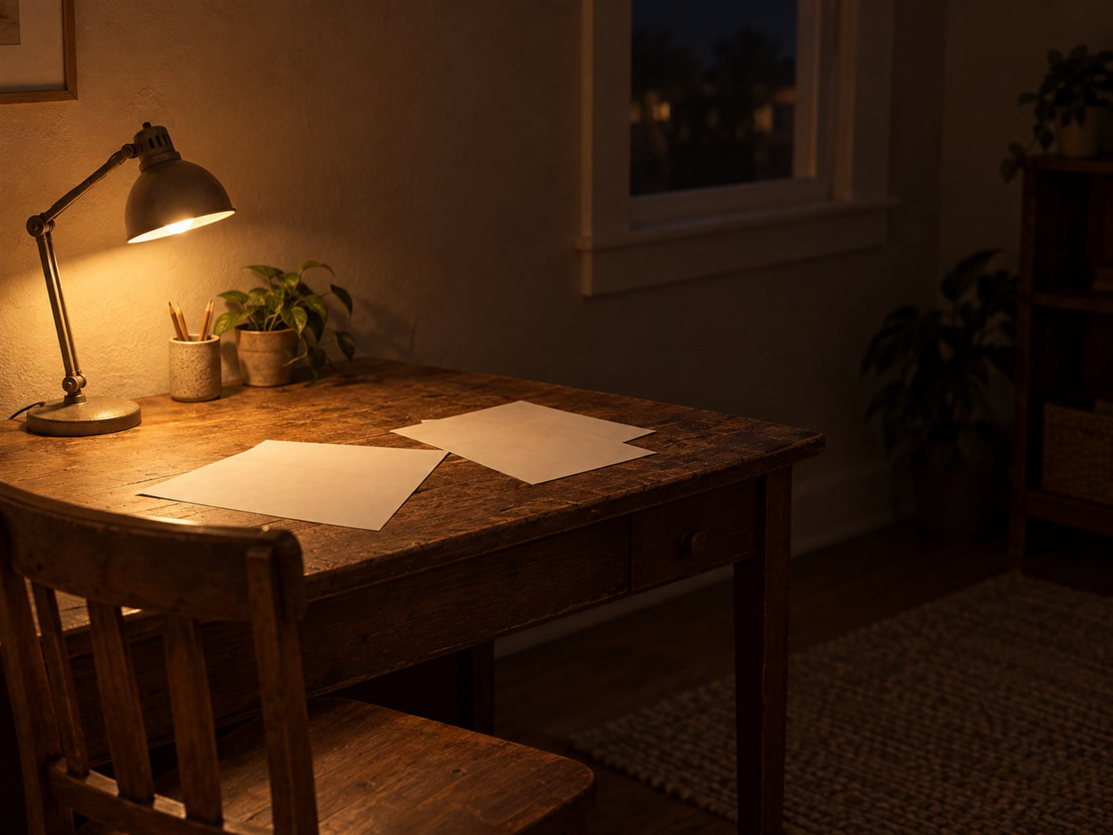 A desk at night covered with papers, a lamp still on