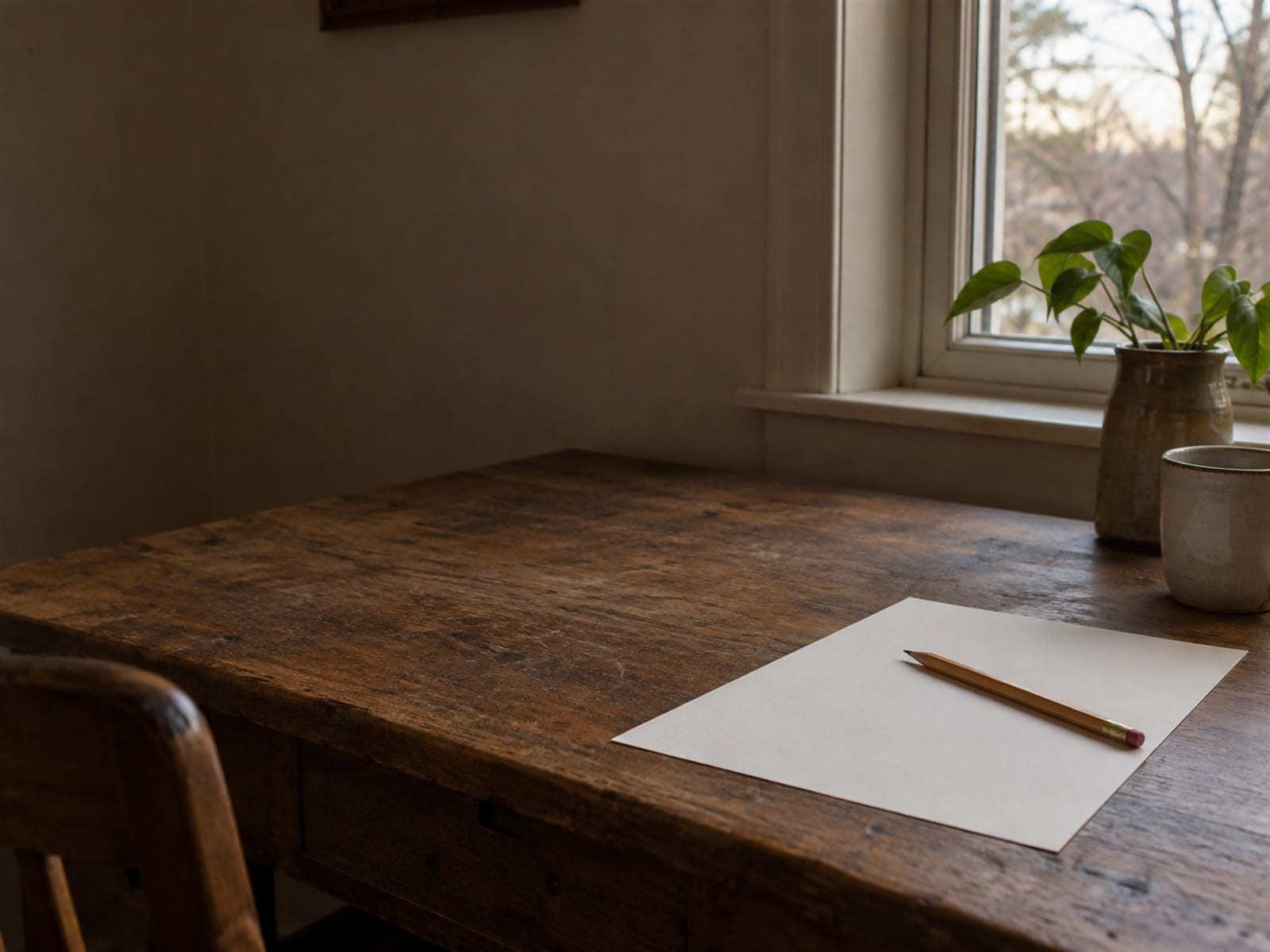 A pencil resting on a blank sheet of paper on a wooden desk by a window in daylight
