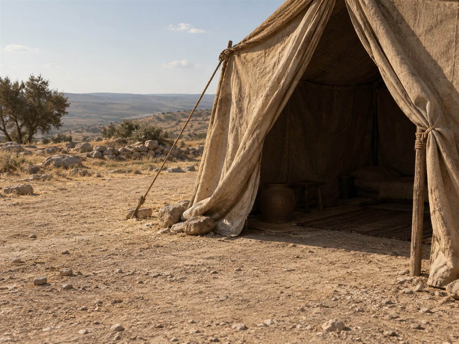 The open flap of a canvas tent in hot afternoon light, with shade inside