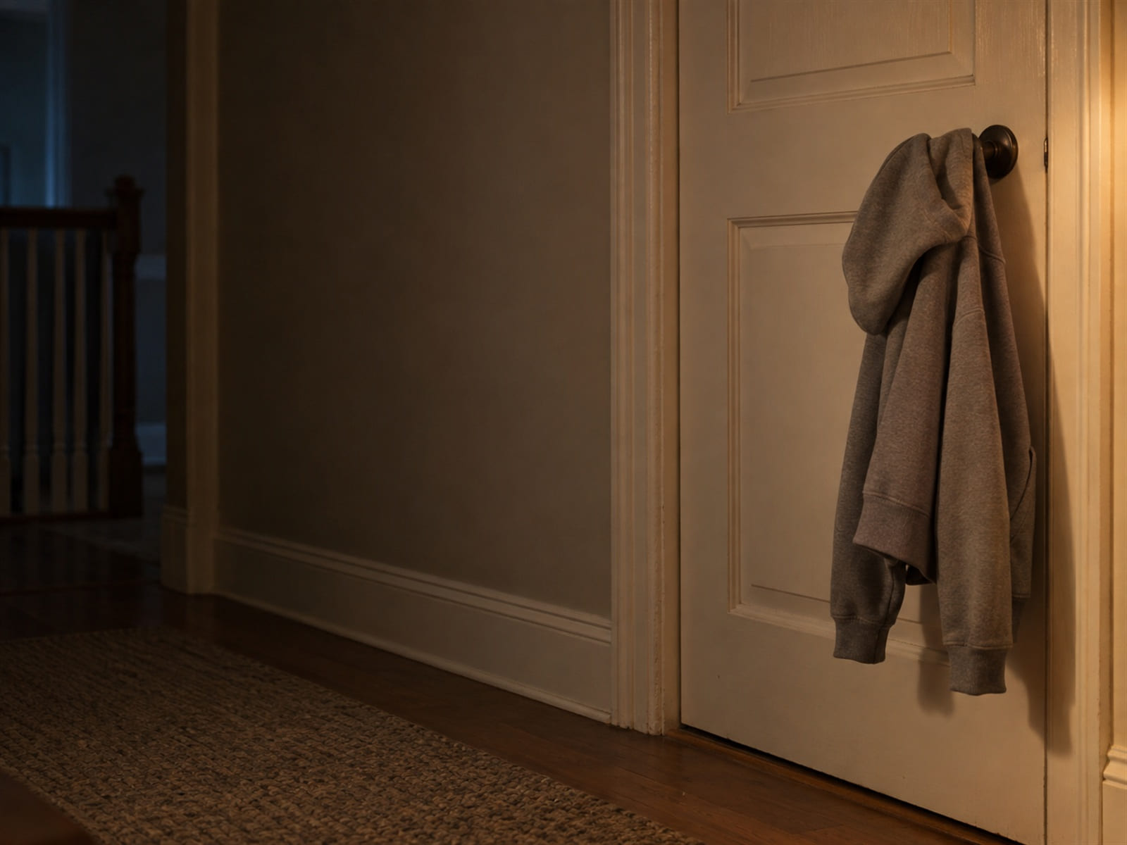 A gray hooded sweatshirt hung over the handle of a closed bedroom door