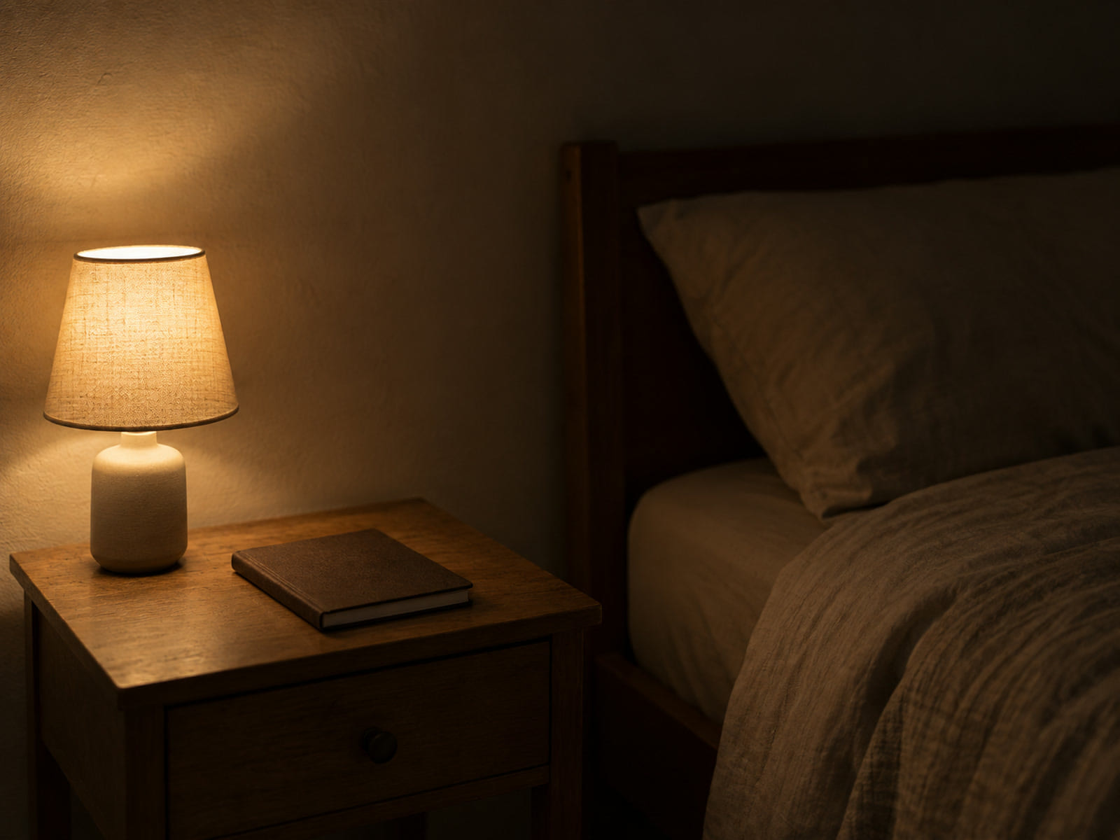 A small lamp and a closed notebook on a bedside table at night
