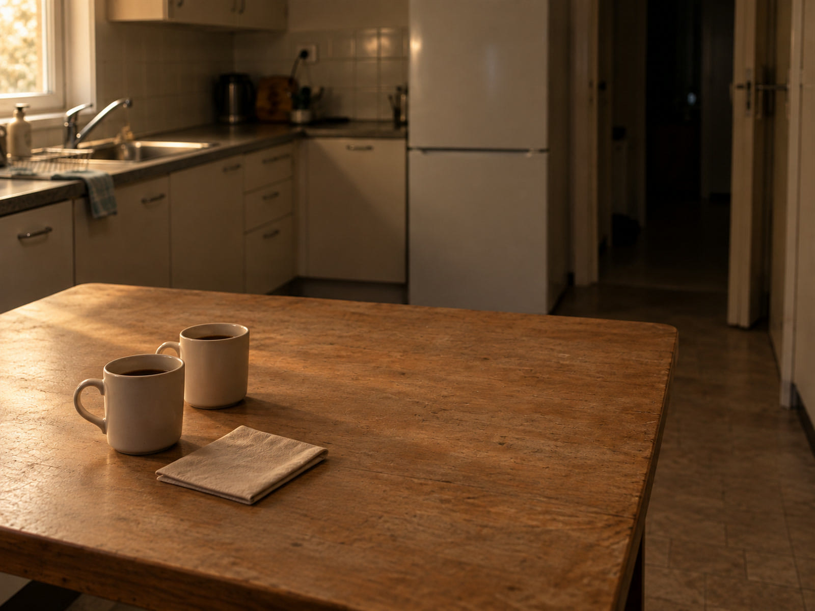 Two coffee cups on a kitchen table beside a folded tissue in late afternoon light