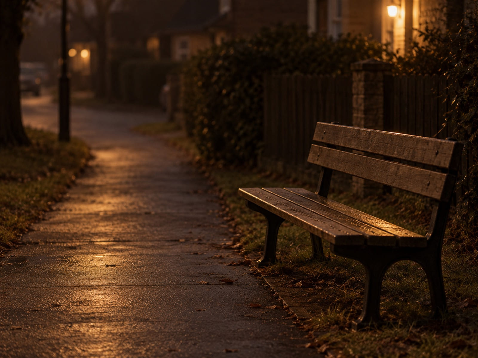 An empty wooden bench on a quiet path at first light