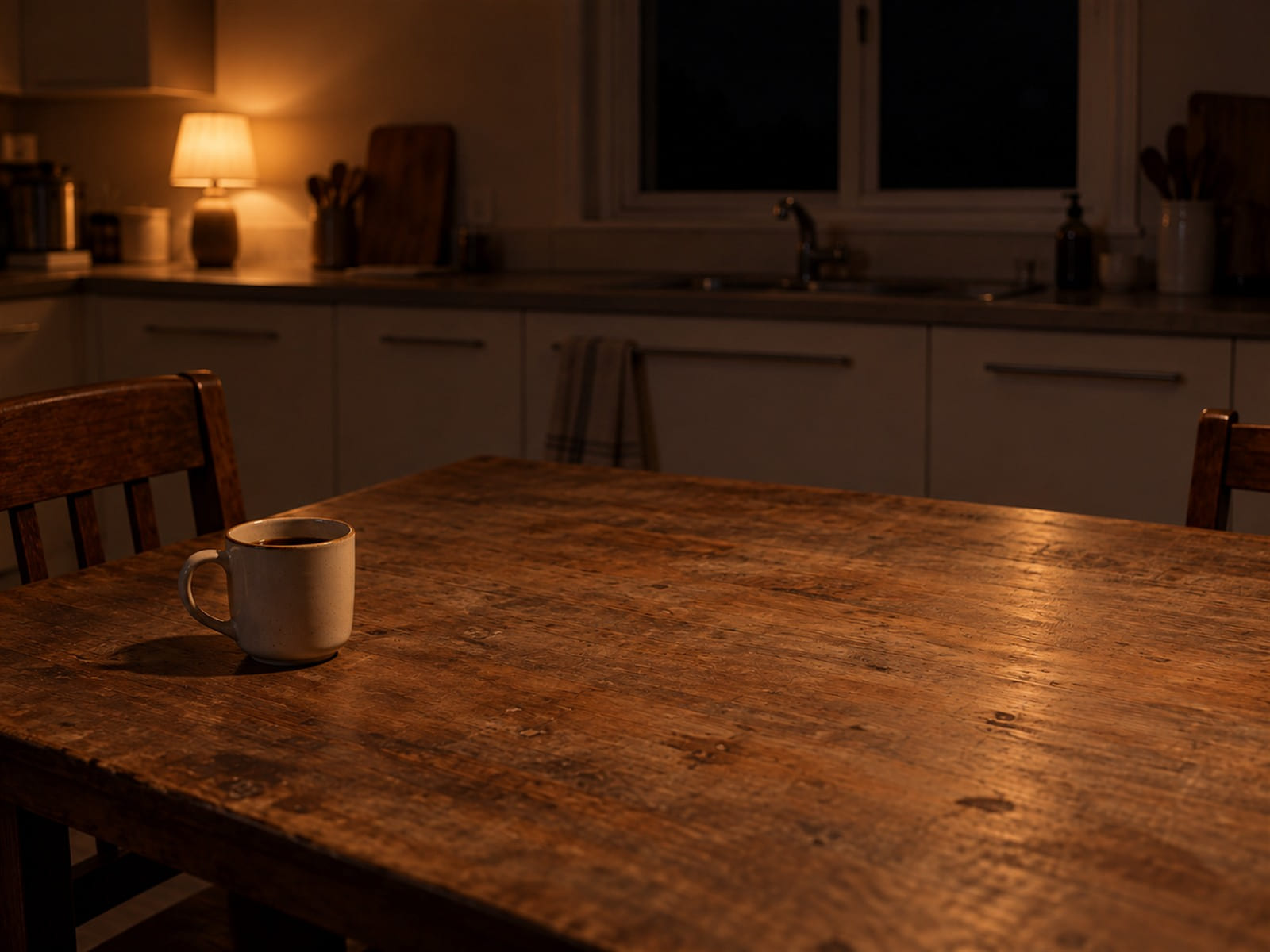 A single mug on a kitchen table beside a dark window