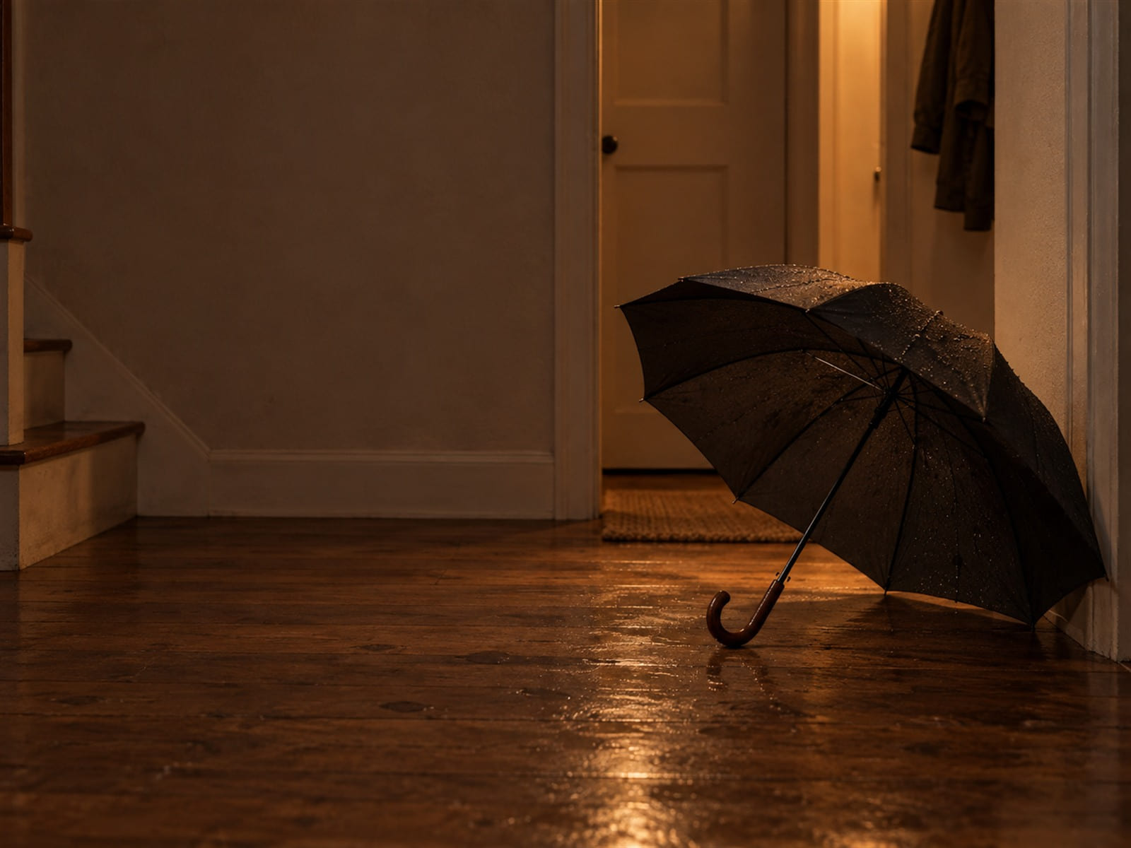 An umbrella left open to dry on a hallway floor after rain