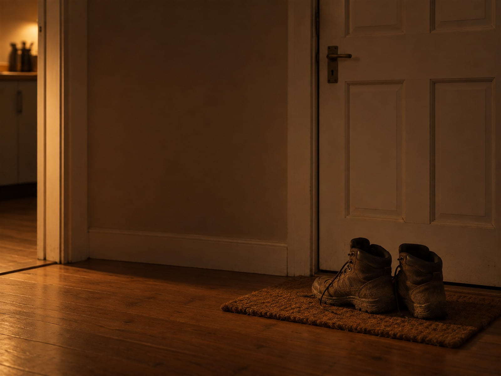 A pair of worn walking boots drying on a doormat beside a closed back door
