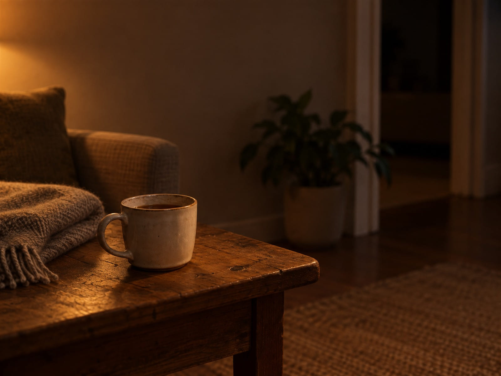 A mug of tea going cold on a wooden side table beside a folded wool blanket, lit by a low lamp
