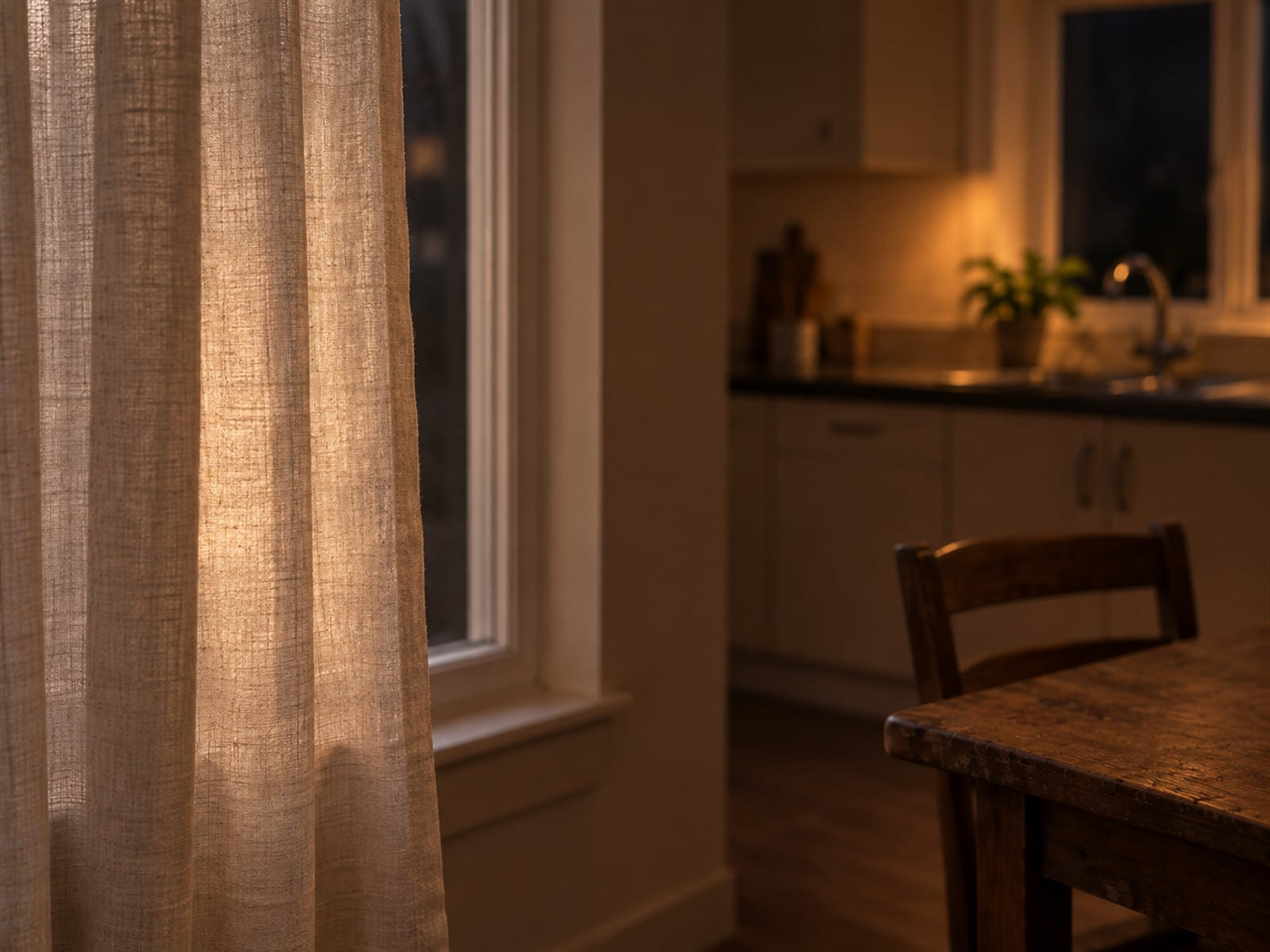 A curtain half drawn across a window in soft evening light