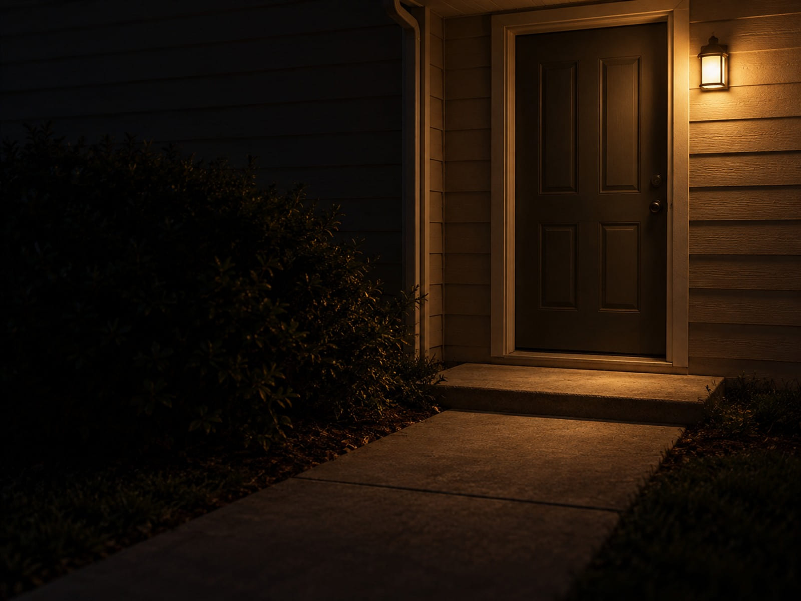A lit porch light at the end of a dark path