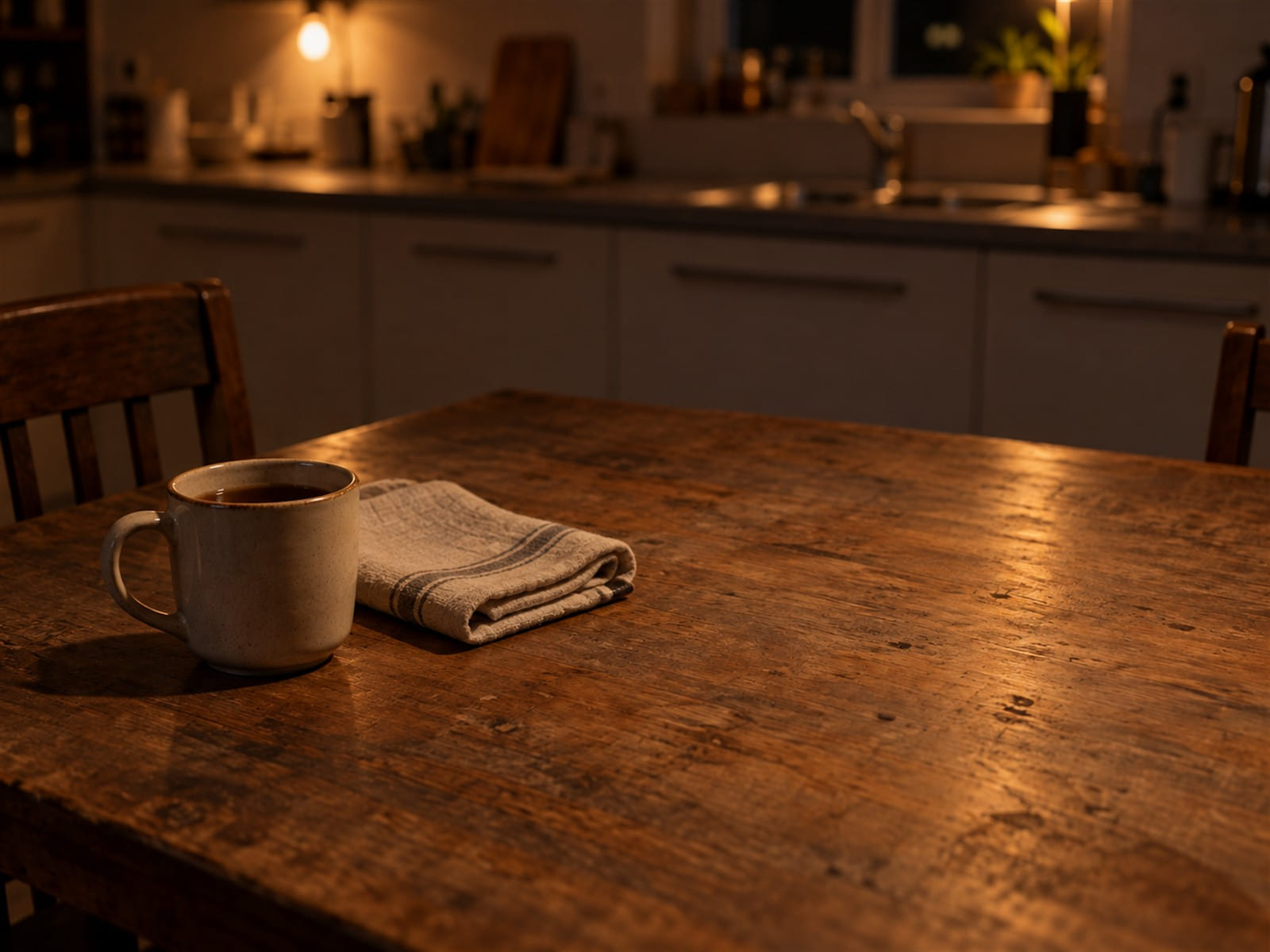 A mug of tea going cold on a kitchen table beside a folded dish towel