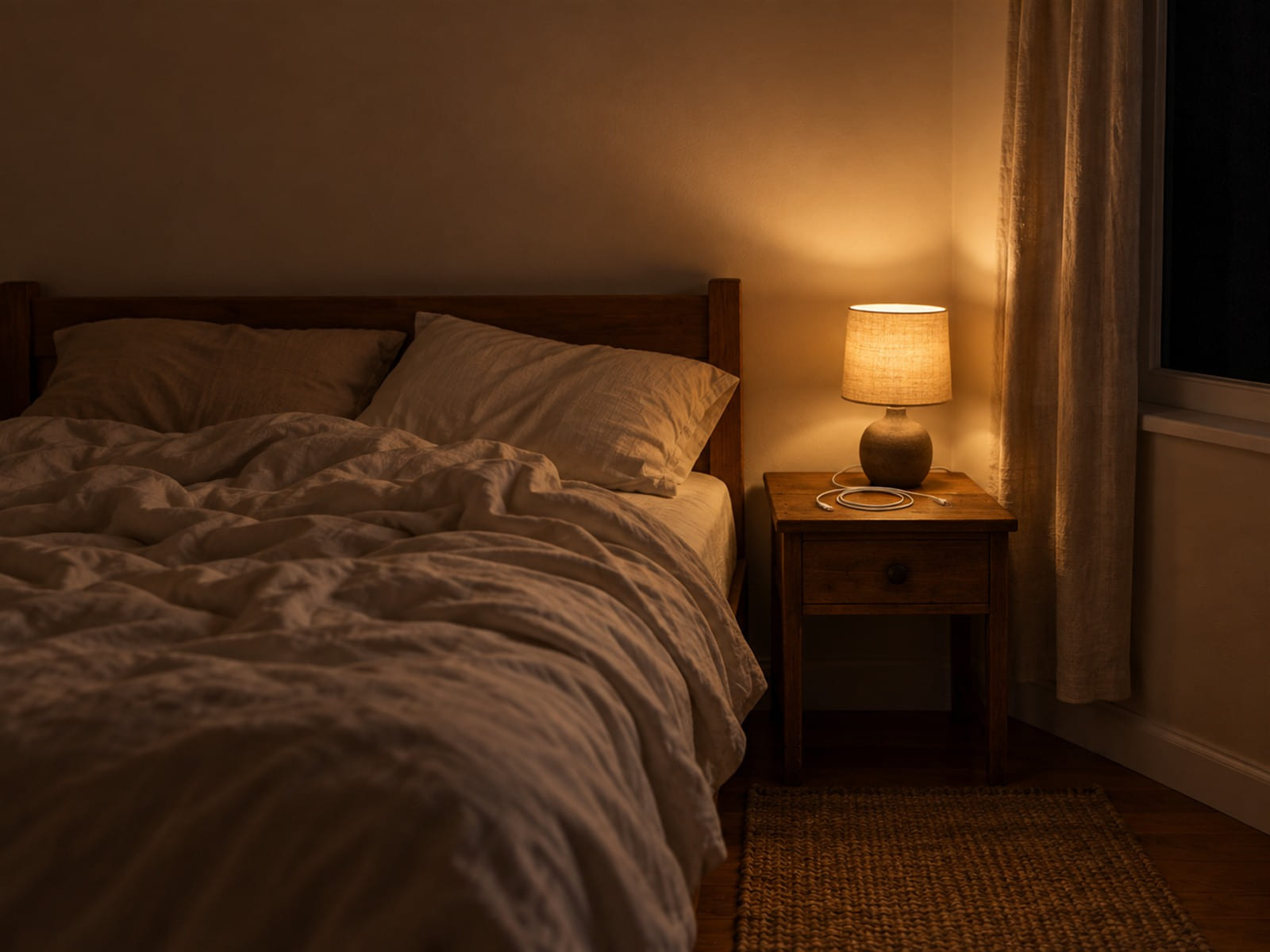 An unmade bed with a phone charger coiled on the nightstand and a curtain half drawn