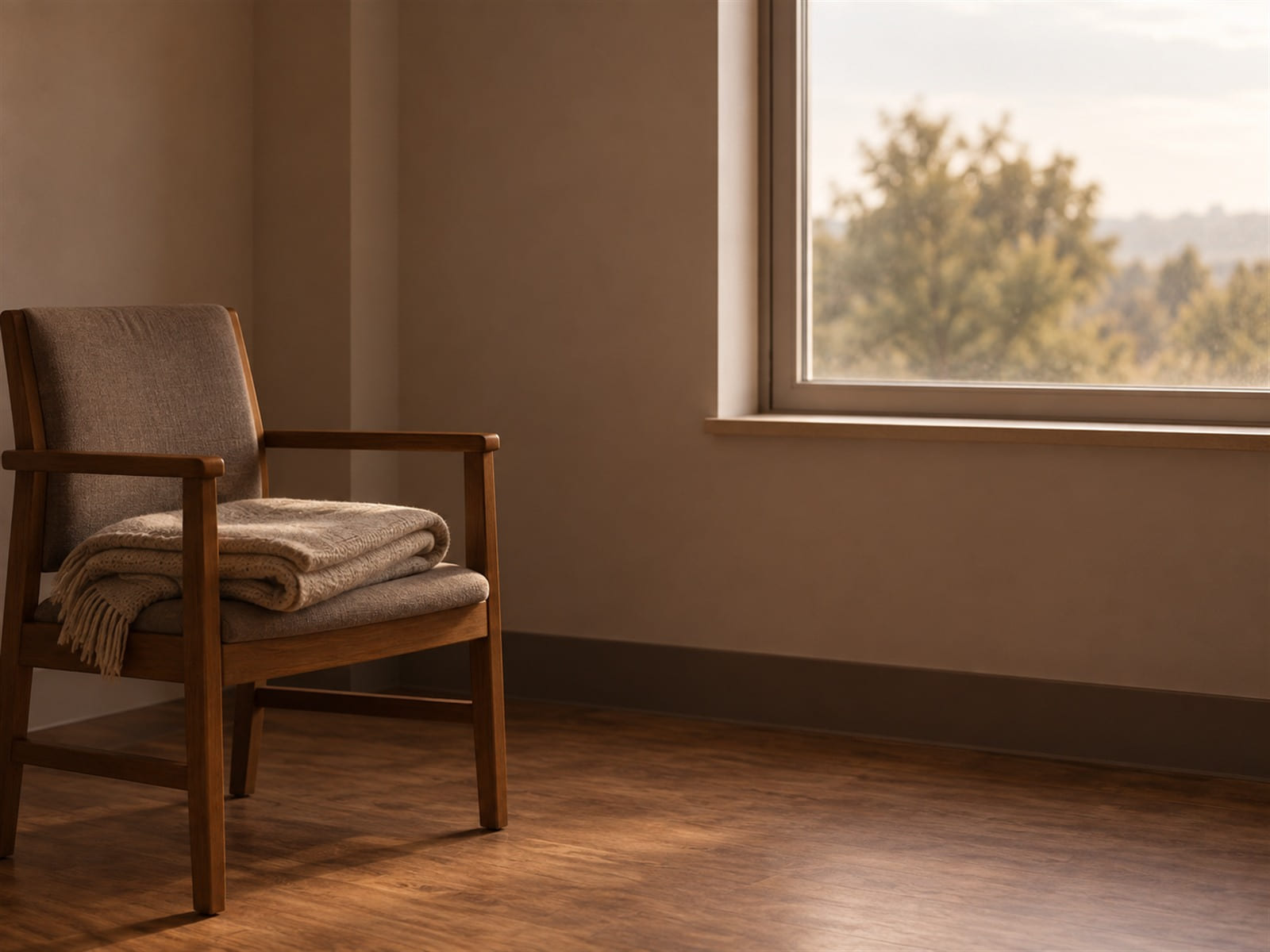 A folded blanket on a chair beside a hospital-style window with morning light