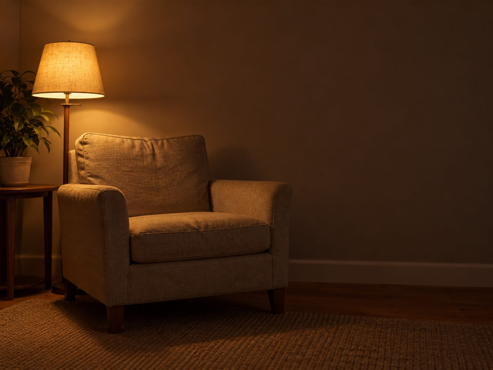 A reading lamp switched on beside an empty armchair in a quiet room