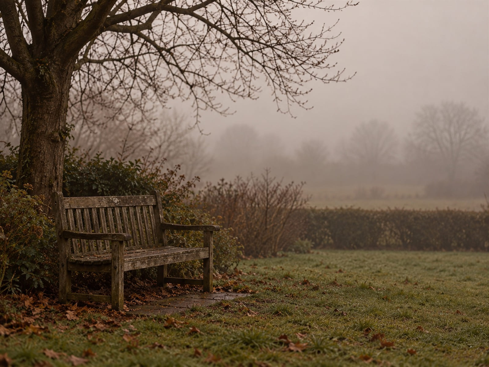 A wooden garden bench under a bare tree in soft morning fog
