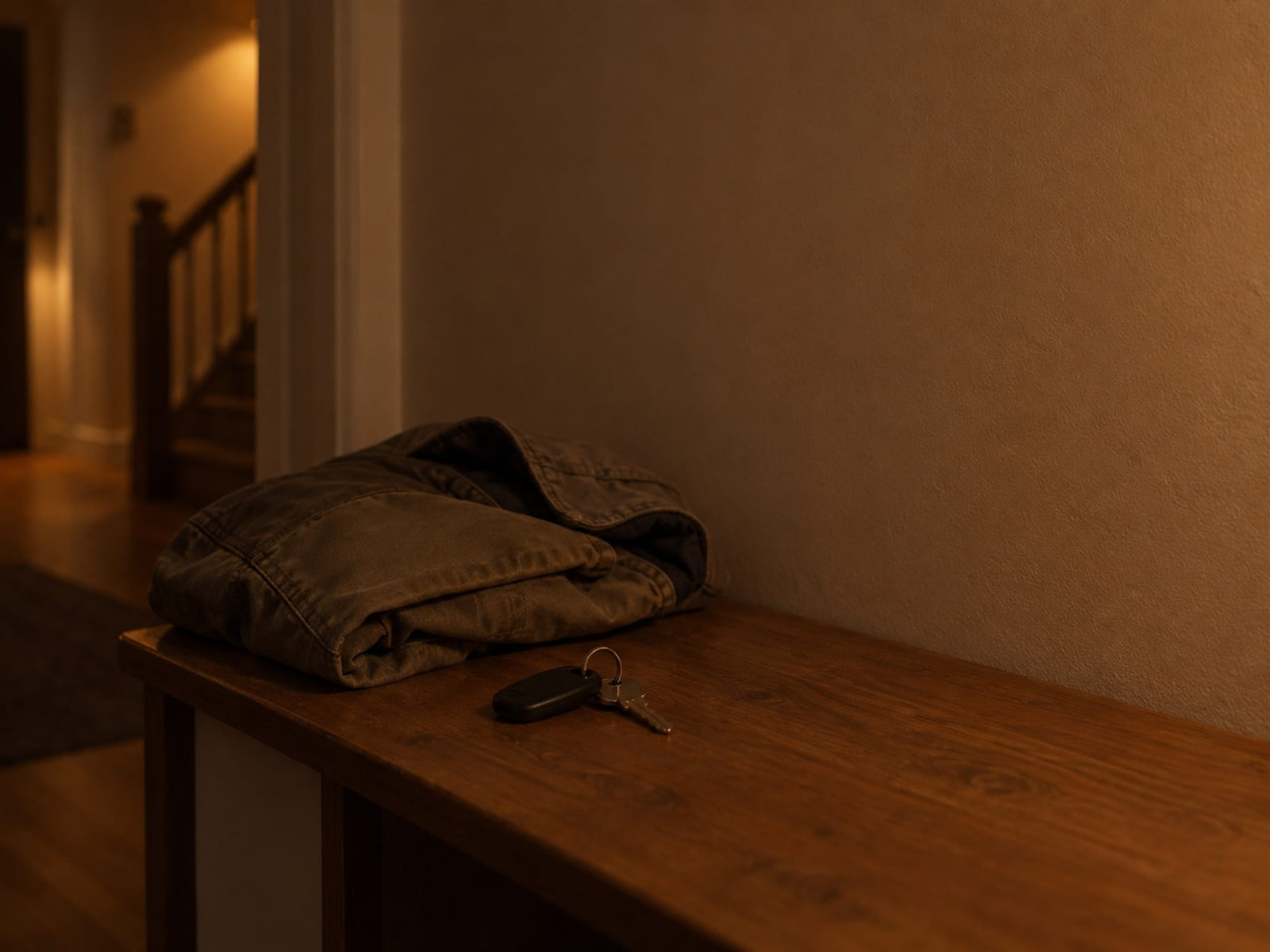A folded jacket and a set of car keys on a hallway shelf