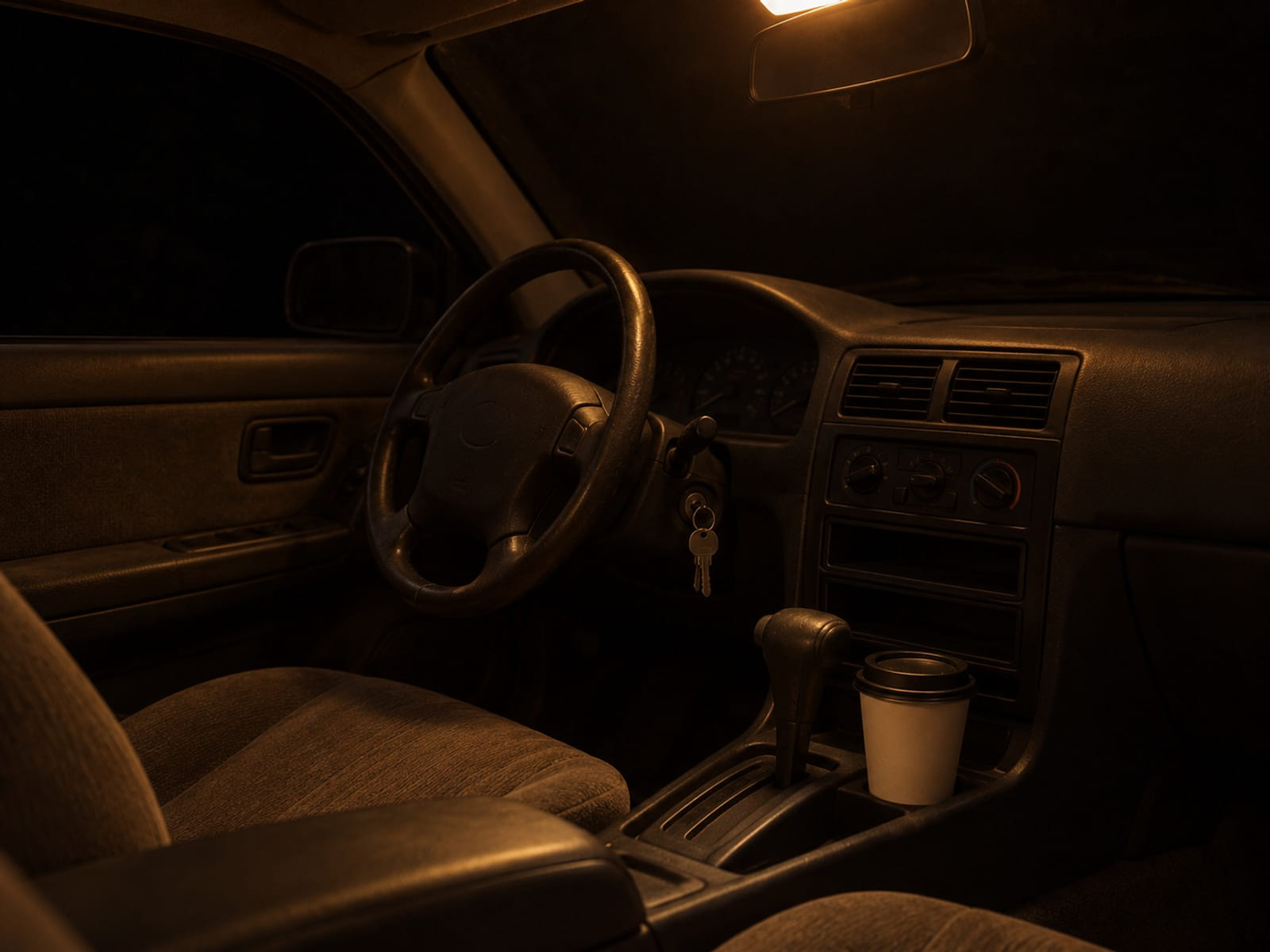The inside of a parked car at night, keys in the ignition and a paper coffee cup in the holder