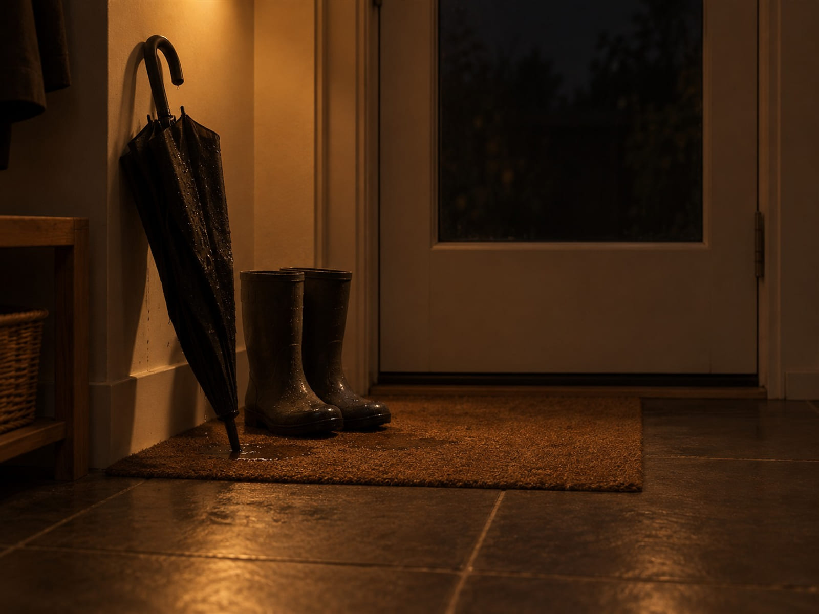 A dripping umbrella and a pair of rubber boots on a mat by a back door
