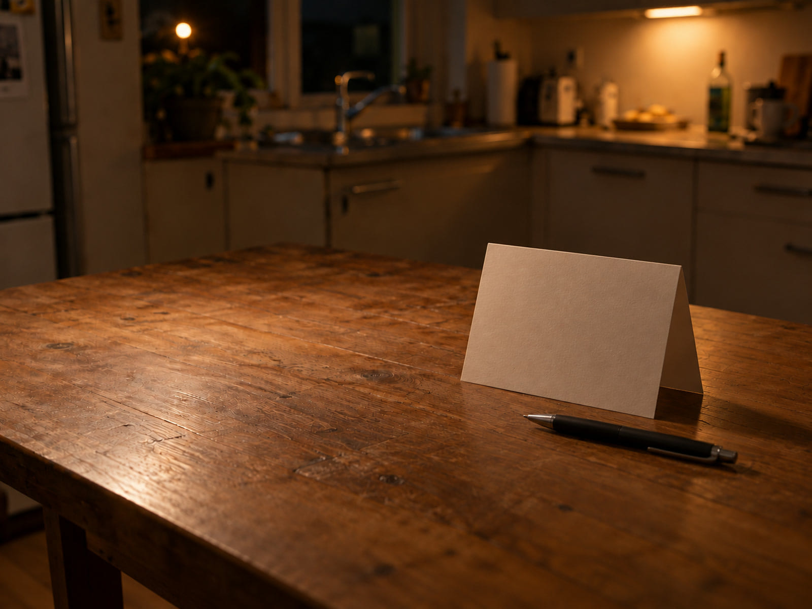 A blank card standing open on a worktop with a pen beside it