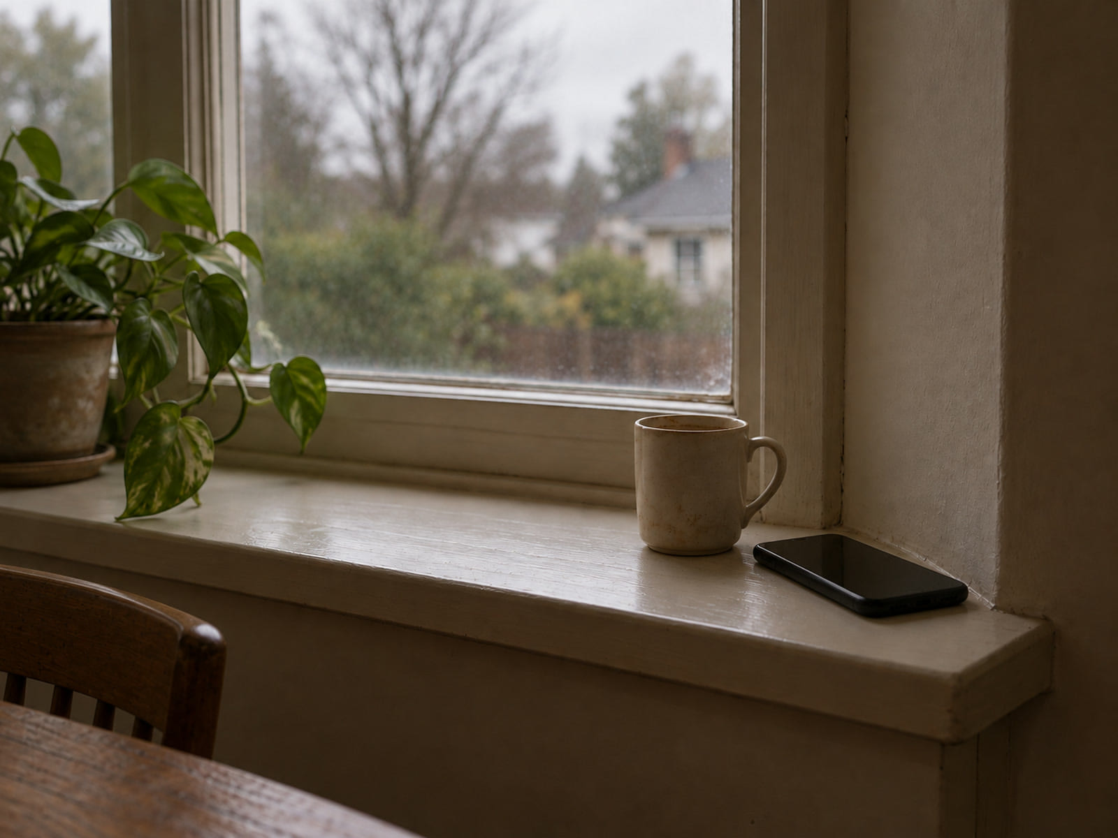 A mug gone cold on a windowsill next to a phone lying face up with a dark screen