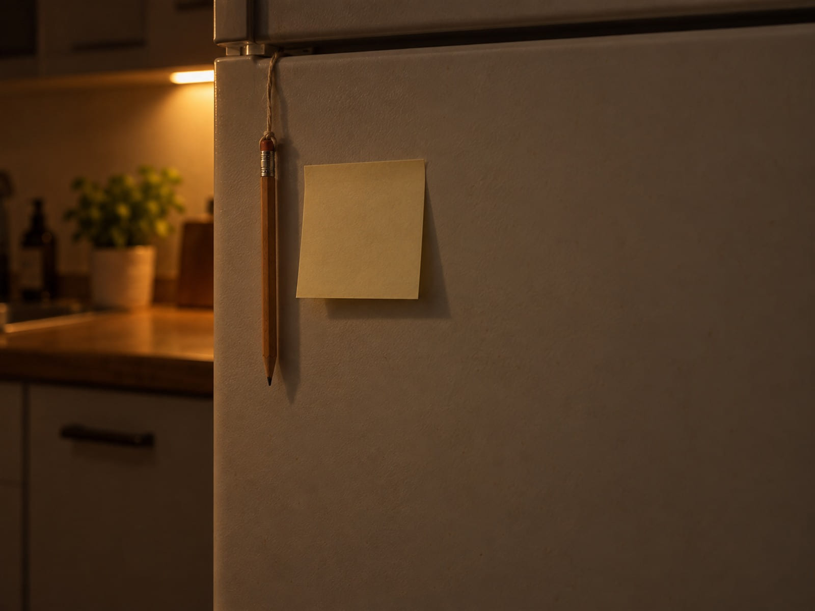 A blank sticky note on a refrigerator door beside a pencil hanging on a string