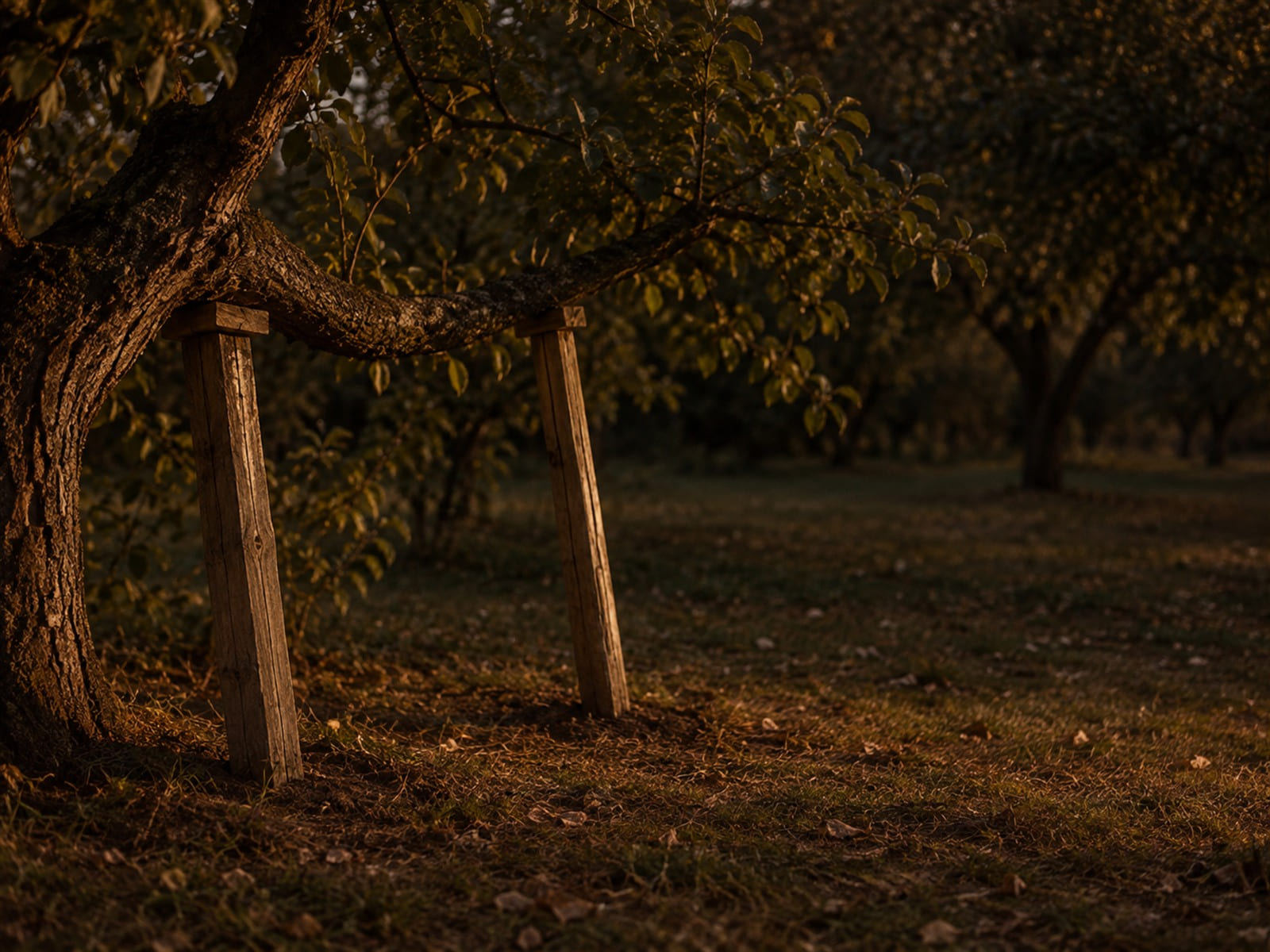 Two wooden props holding up the heavy branch of an old apple tree, one on each side