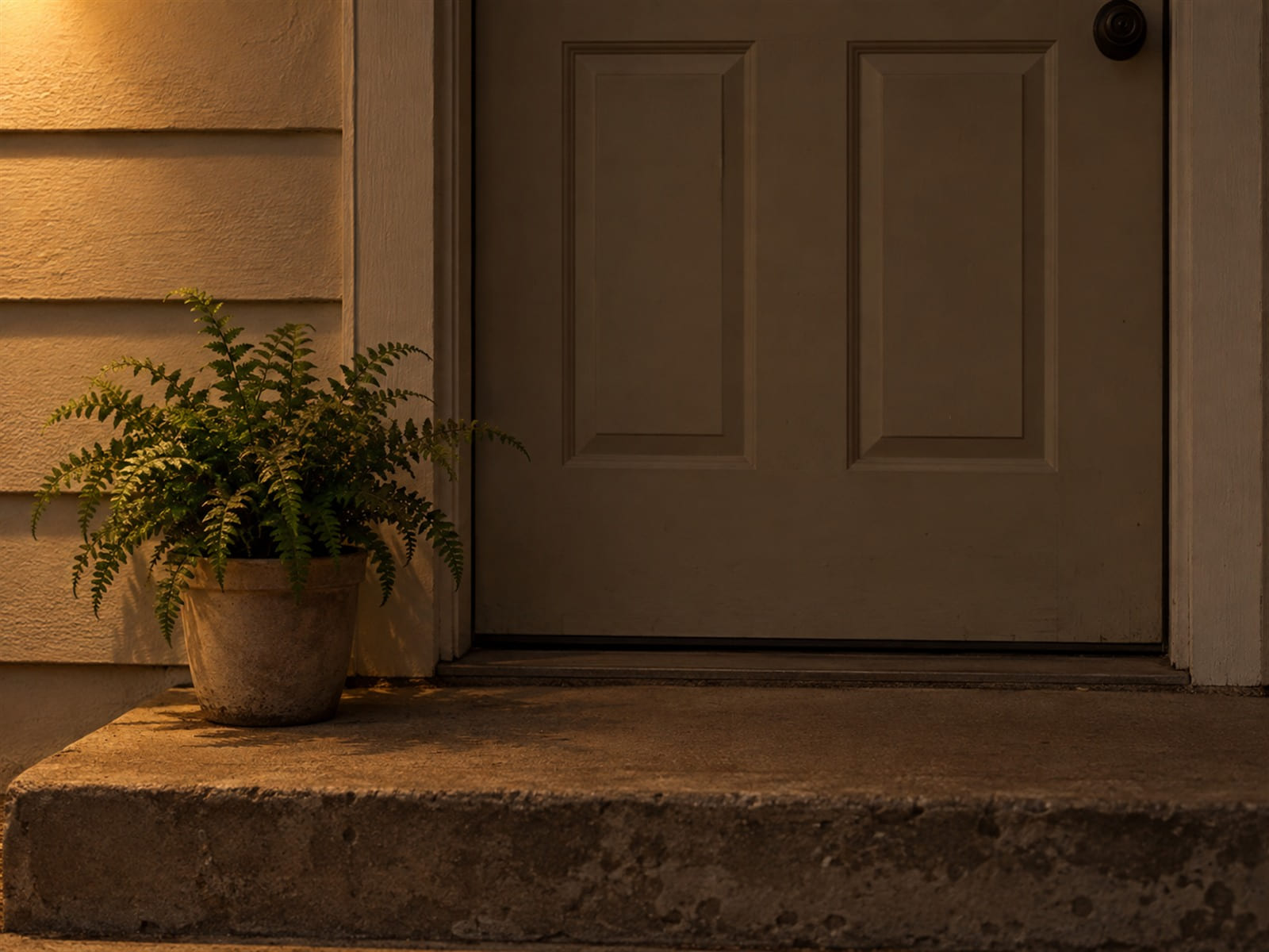 A small potted fern left on a front step beside a closed door