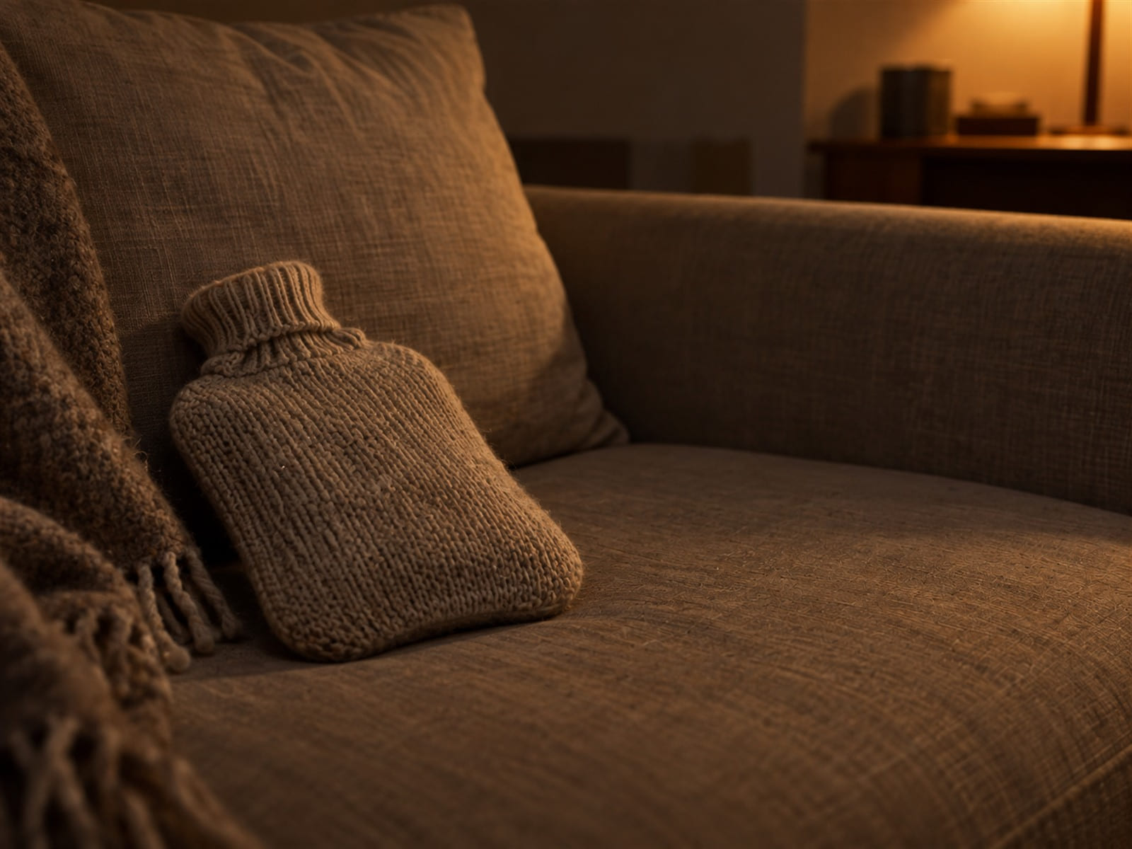 A hot water bottle in a knitted cover resting on a sofa cushion