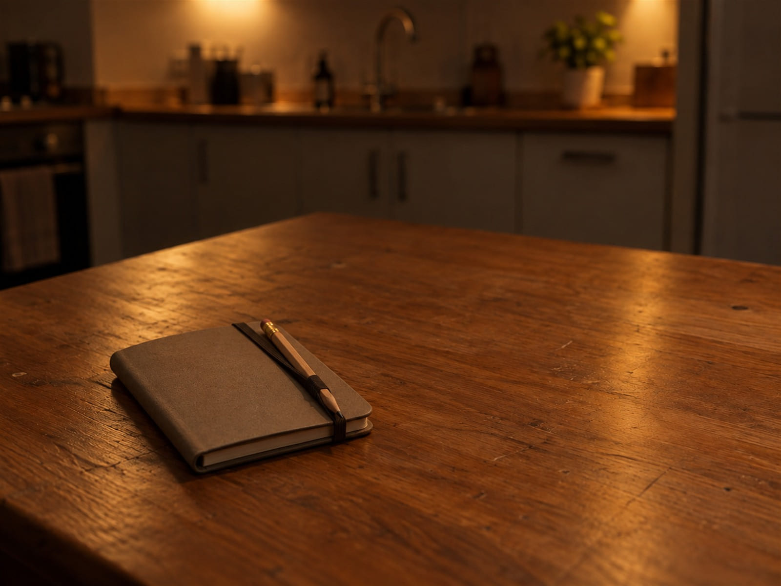 A closed pocket planner with a pencil tucked under its elastic band on a kitchen counter