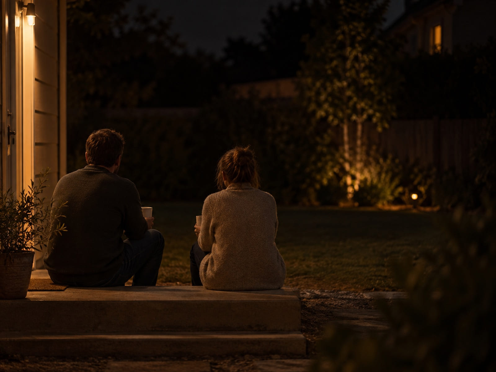 Two people sitting on a doorstep with mugs, not talking
