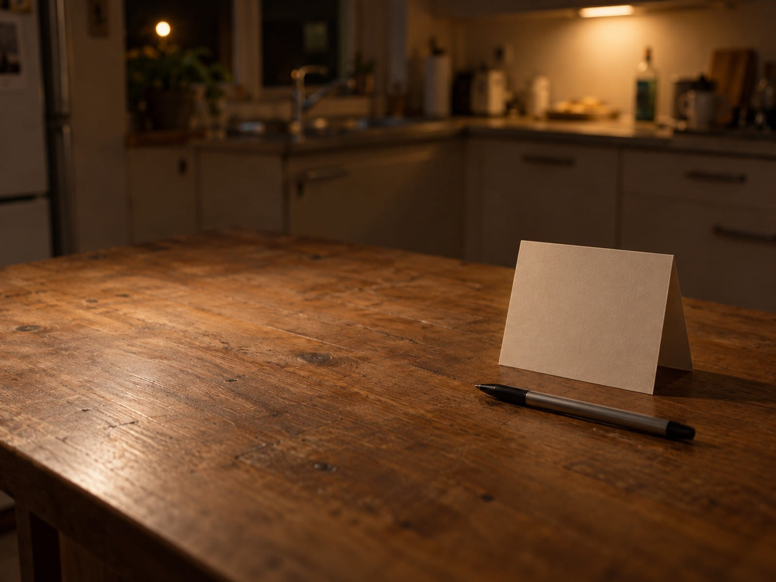 A blank card and a pen on a kitchen worktop