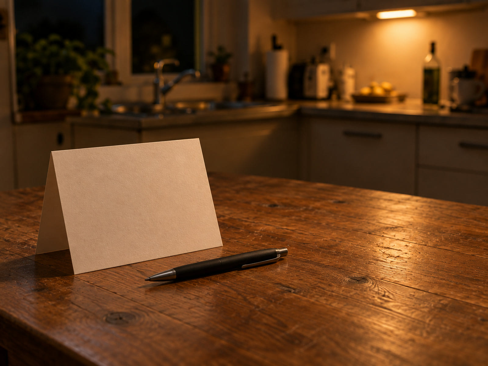 A blank card standing open on a worktop with a pen beside it
