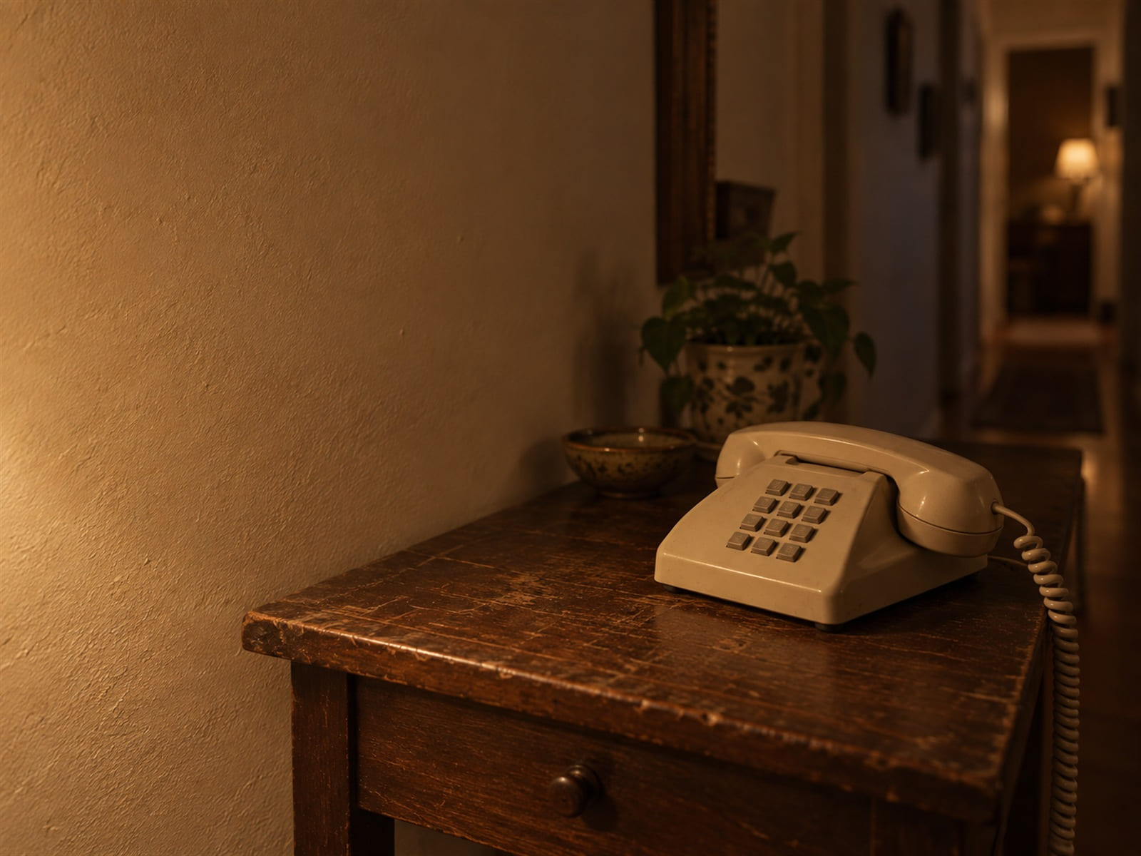 A landline telephone on a hall table in an older person's house, late afternoon