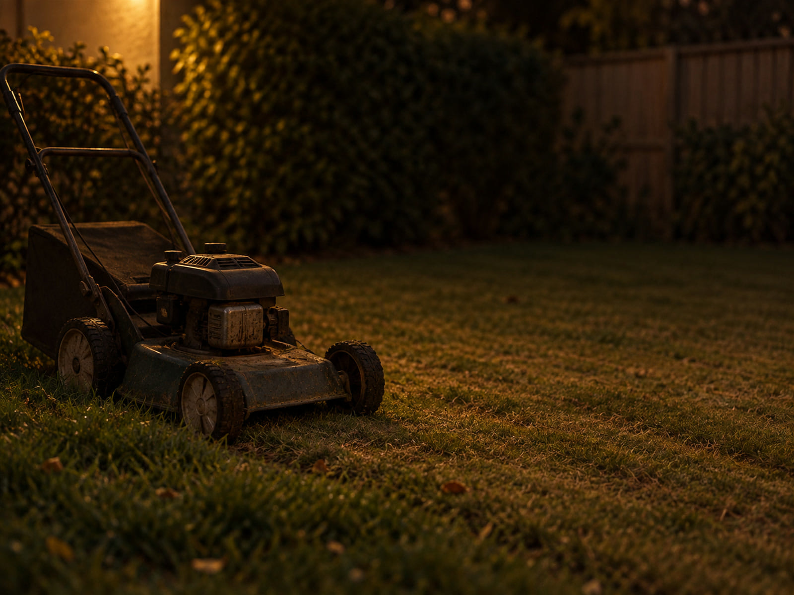 A lawn mower parked at the edge of a half-cut lawn in evening light