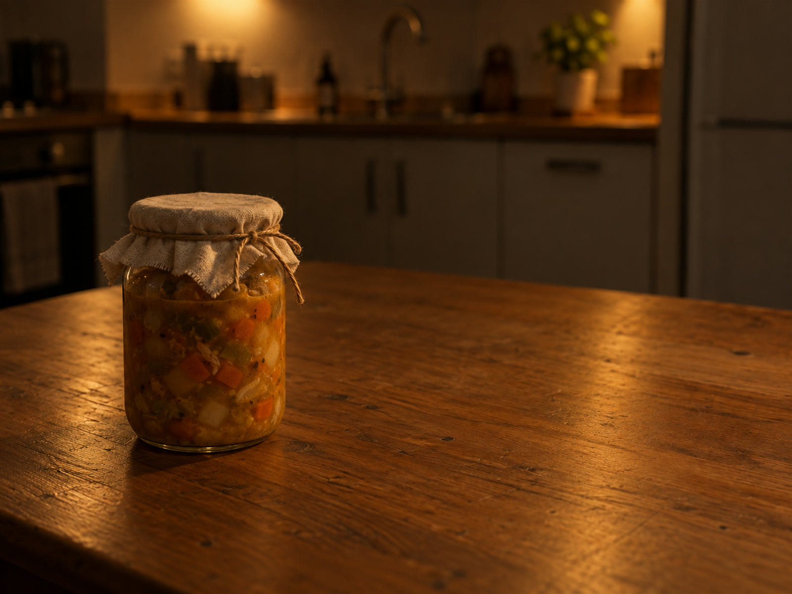 A jar of homemade soup with a cloth lid tied with string
